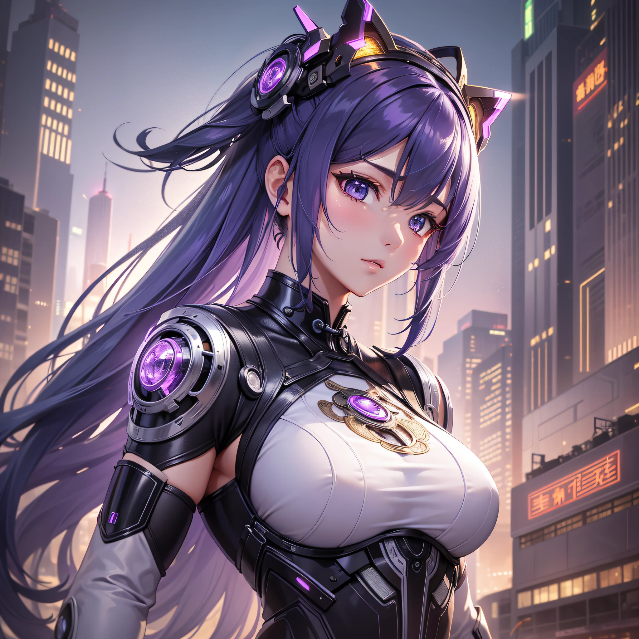 (Masterpiece: 1.2), Top Quality, (Illustration: 1.2), Eye Focus, (Cleverly crafted glow: 1.3), (Ultra detail), Hyper Detail, (Delicate Detail), (Intricate Detail), (Cinematic Light, Top Quality Backlight), Clear Lines, purple and yellow Girl, chinese_clothes, Cyberpank, Cheongsam, Cyberpunk City, dynamic pose, headdress, hair ornament, very long hair, high-tech city, machine and futuristic elements, futurism, technology