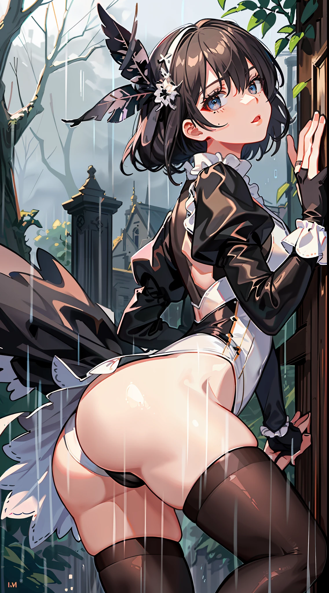 masterpiece, best quality, highres, hm2b, black blindfold, covered eyes, mole under mouth, clothing cutout, long sleeves, puffy sleeves,  juliet sleeves, feather trim, black thighhighs, black gloves, (white leotard:1.2), outdoor, ruins, ass, from behind, (rain:1.2), wet, tree,