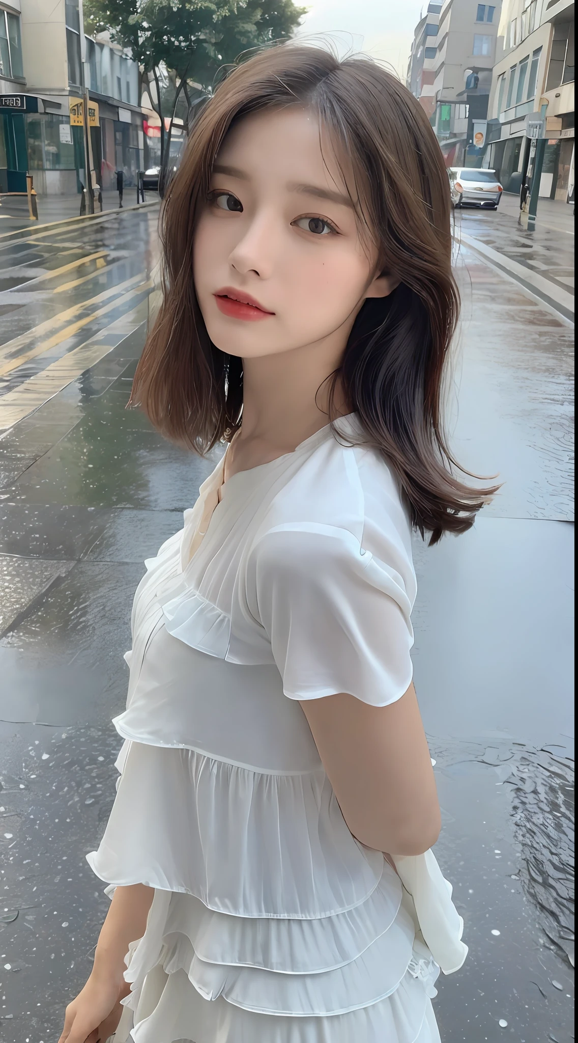 ((Best Quality, 8k, Masterpiece:1.3)), Focus:1.2, Perfect Body Beauty:1.4, Buttocks:1.2, (Layered Haircut:1.2)), (Clothes:1.1) , (Rain, Street:1.3), Bandeau Dress: 1.1, Highly Detailed Face and Skin Texture, Fine Eyes, Double Eyelids, Whitening Skin, Long Hair, (Shut Up: 1.3)