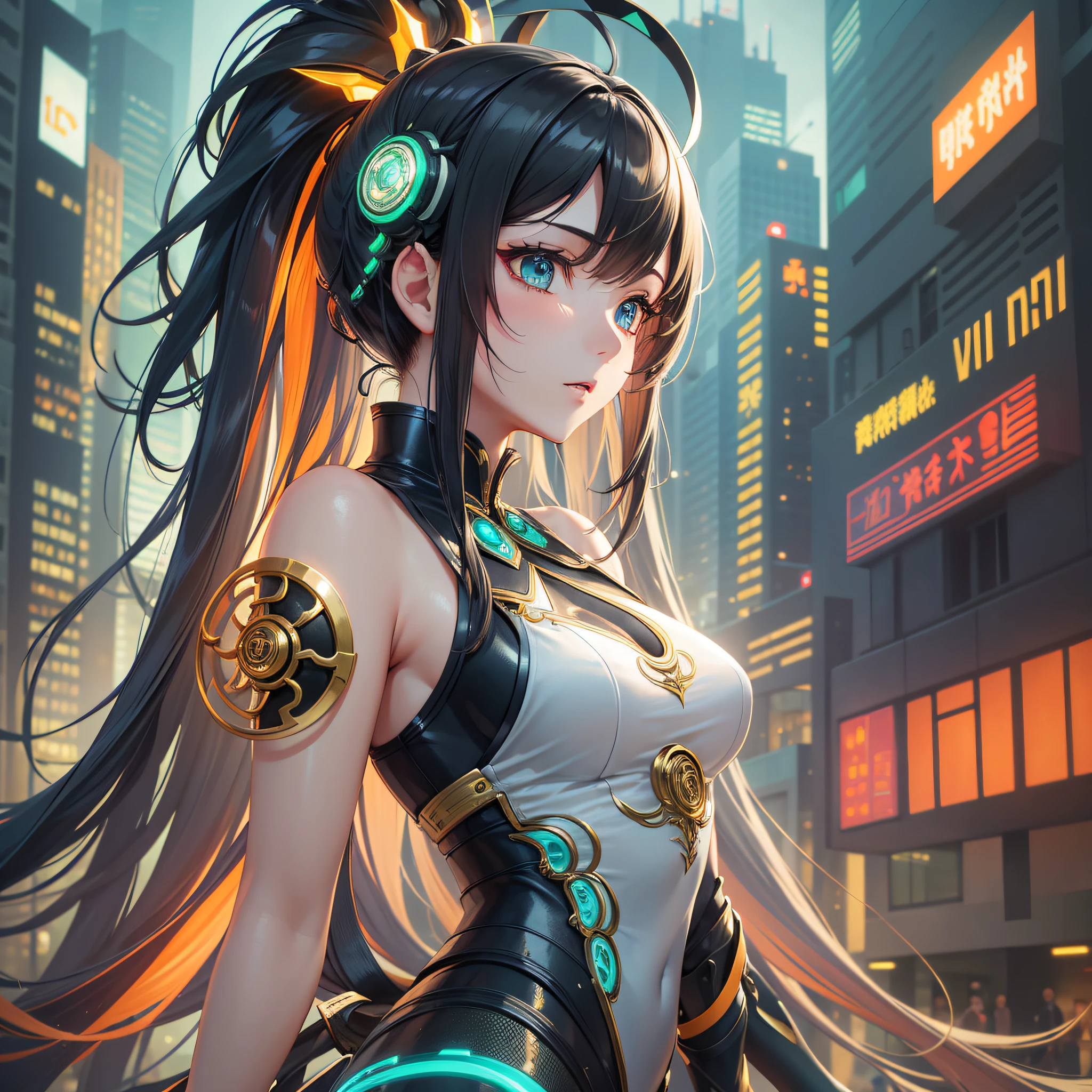 Masterpiece: 1.2), Top Quality, Eye Focus, (Cleverly crafted glow: 1.3), (Ultra detail), Hyper Detail, (Delicate Detail), (Intricate Detail), (Cinematic Light, Top Quality Backlight), Clear Lines, green and orange, 1Girl:1.5, chinese_clothes, Cyberpank, Cheongsam, Cyberpunk City, dynamic pose, headdress, hair ornament, very long hair, high-tech city, machine and futuristic elements, futurism, technology