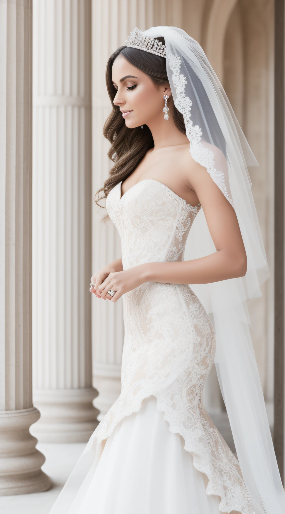 full body, full shot,photorealism, in detail and in detail an extremely beautiful slender sexy bride in a cream wedding dress with intricate lace patterns and a beautiful long veil with intricate patterns stands in partial shade among the columns of a beautiful building. on the face and body, the bride holds the wedding dress with her hands, the pose is beautiful sexy C-shaped stilettos of cream color with intricate patterns, the bride's face is European, perfectly beautiful proportions are neat facial features, the eyes are bright green-blue eyelashes are long and fluffy, the bride's physique is slender and graceful, her legs are graceful and longer than the body in proportion, graceful hands in precious jewelry, on the head of the bride there is a wedding tiara with beautiful diamonds, natural detailed skin, pore skin, skin natural shine, skin color is perfect, cheeks are slightly ruddy, wavy long blond hair to the knees is beautifully flowing in detail and in detail , lighting side daylight soft, hyper detail, sharp focus, photorealism, naturalistic, Jerry Gionis style