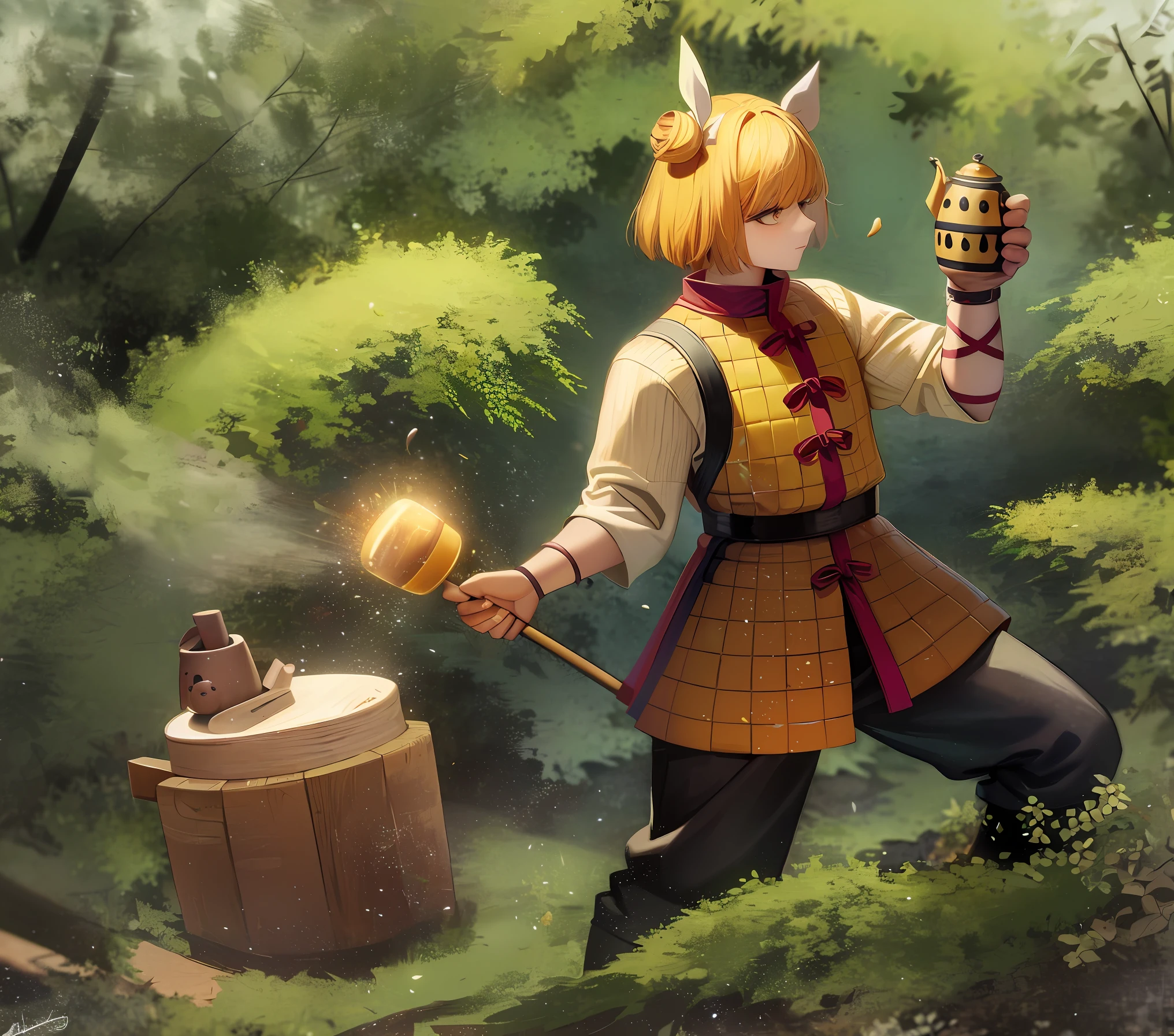 A bear with a honey pot in his hand and forest background