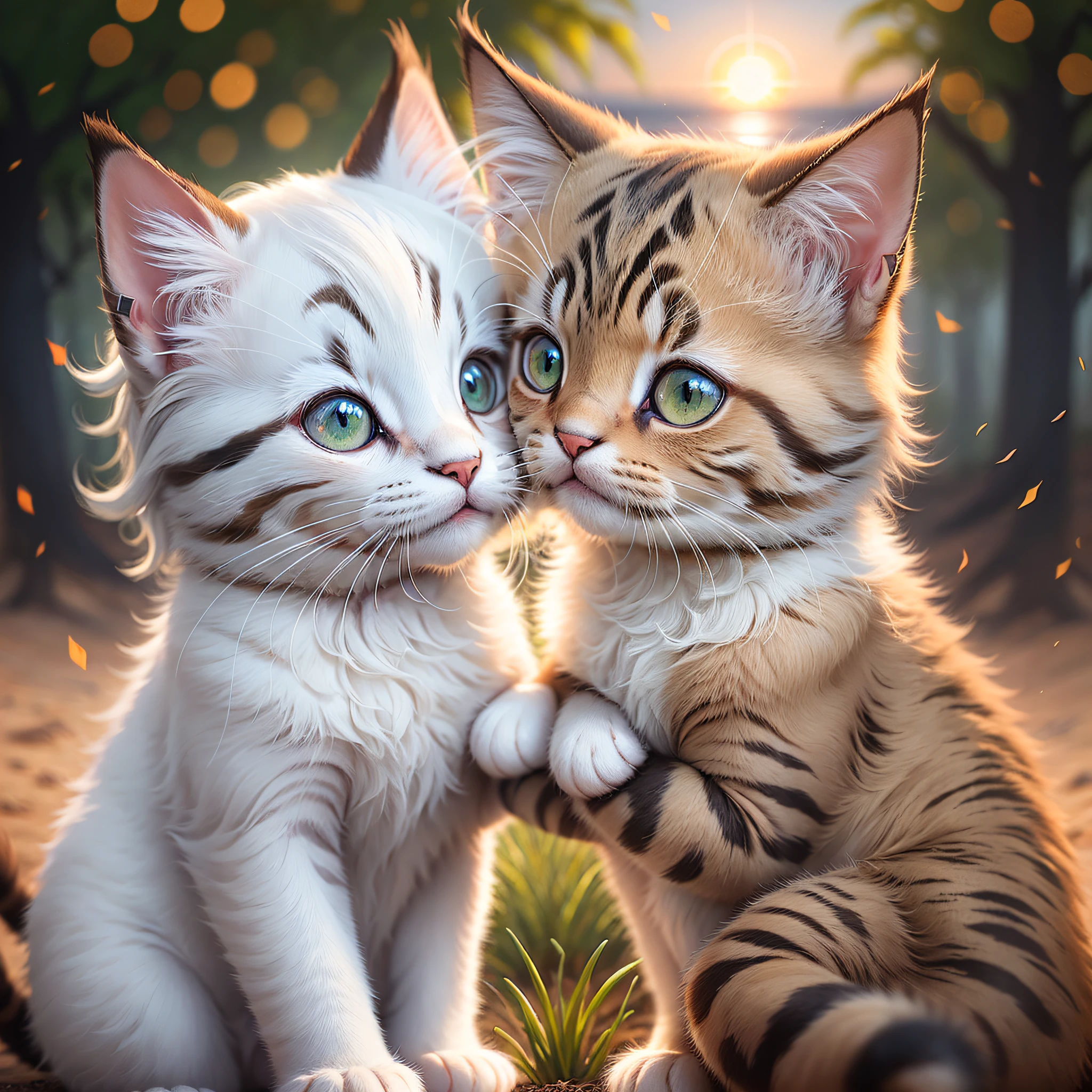 two cute kittens hugging each other in front of a sunset, (Small)))), no humans, animal focus, realistic, animal, sun, whiskers, sitting, sunset, blurry background, green eyes, sitting, full_body, white_cat, outdoors, blurry(Himalayan), Plush Toy, blurry, backlighting