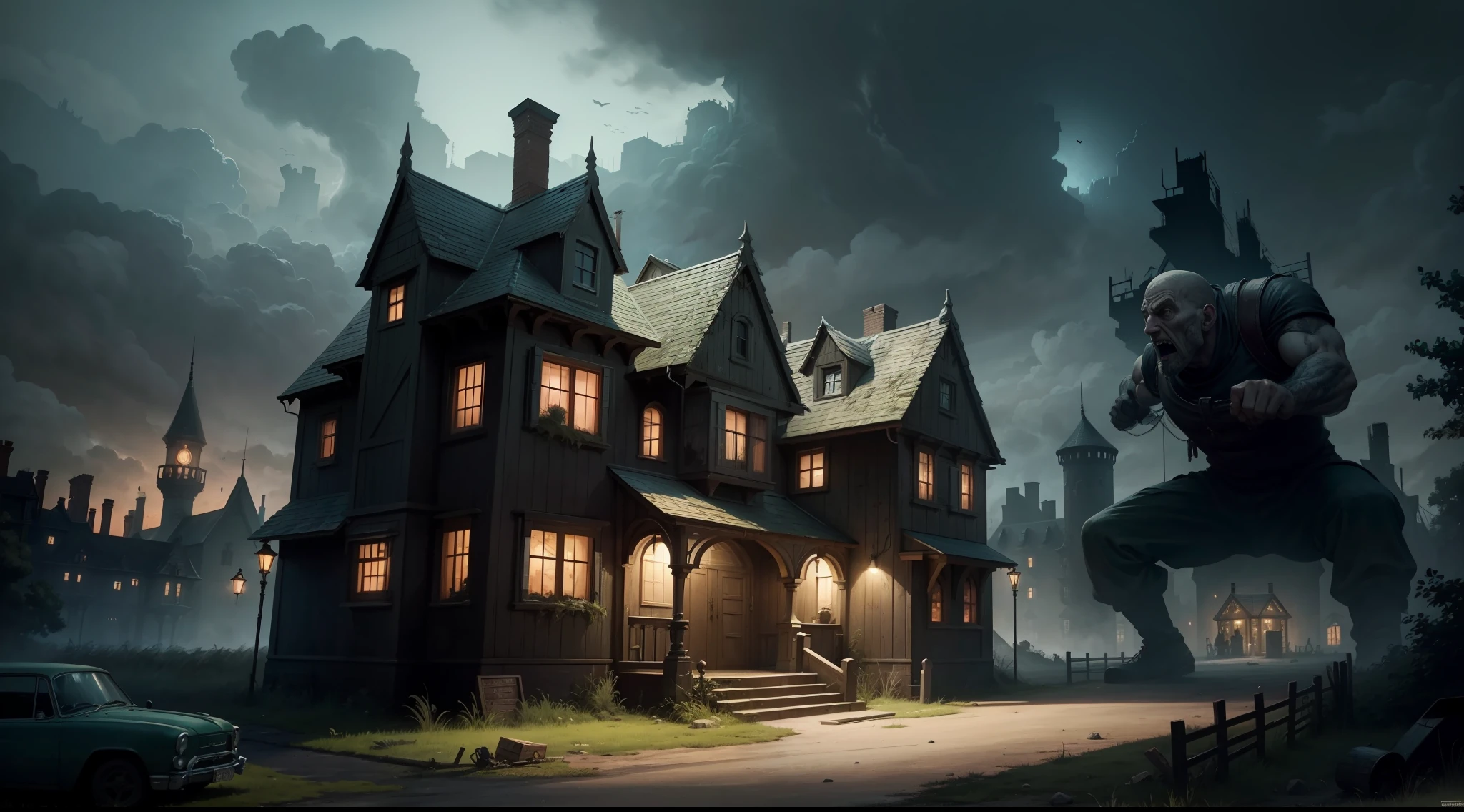 A murderer's house in a ruined theme park with a brutal giant hunting intruders at night, while the protagonists are trapped inside and unable to escape.