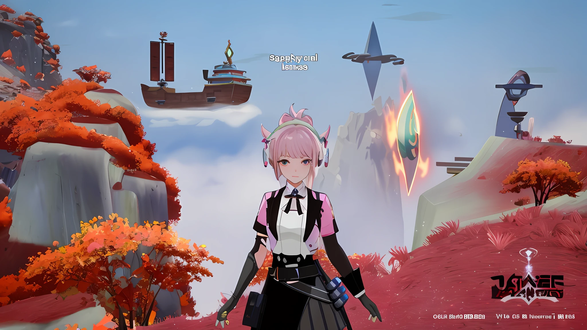 ((Best Quality)),((Masterpiece)). (Detail:1.4),3DAnime - Screenshot of a woman in a pink outfit standing in a field, pink double-tailed hair and cyan eyes, from video game Azur Lane, Azur Lane style, gameplay screenshot with user interface, stylized anime, Sakura Haruno in slug sage mode, Katana Zero video game character, Ayaka Genshin Impact, Ayaka game Genshin Impact