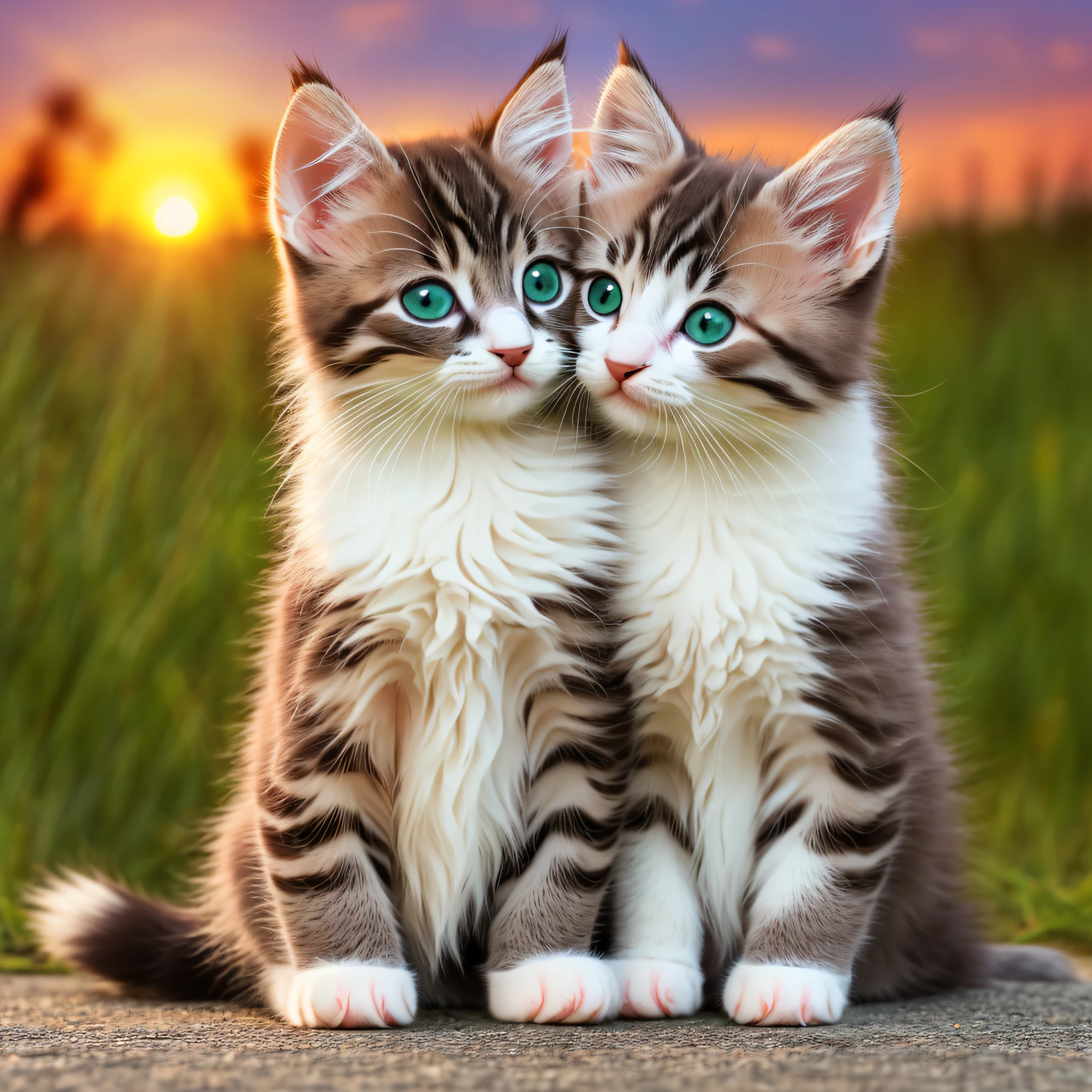 two cute kittens hugging each other in front of a sunset, (Small)))), no humans, animal focus, realistic, animal, sun, whiskers, sitting, sunset, blurry background, green eyes, sitting, full_body, white_cat, outdoors, blurry(Himalayan), Plush Toy, blurry, backlighting
