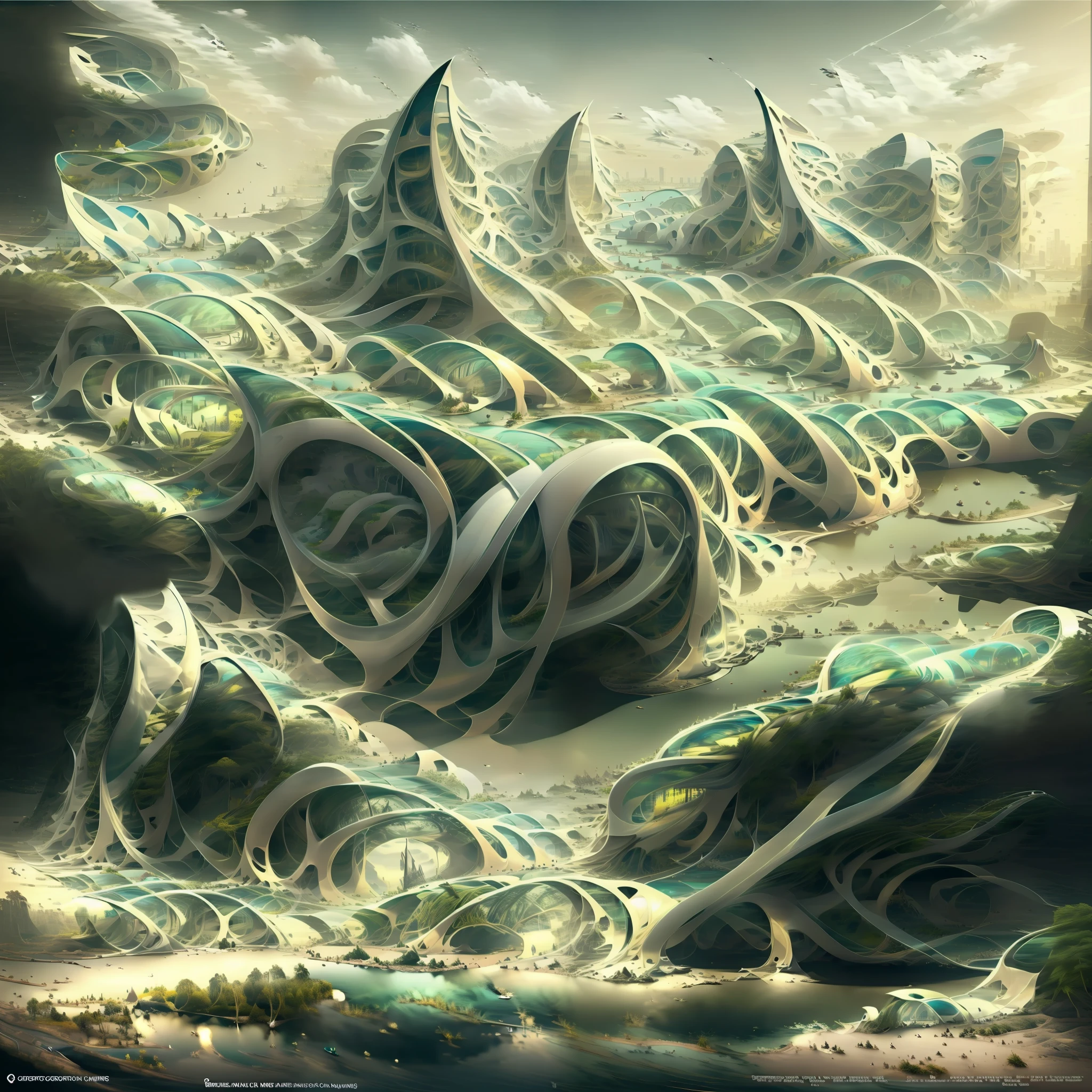 Airbrush drawing --v 5.1 style Futuristic design of an awesome sunny day environment concept art on a futuristic terrain with huge waterfalls,streams, mangroves,nature architecture, proportional,detailed,bright clouds, nature meets futuristic architecture by Santiago Calatrava and Vincent Callebaut with futuristic development, high rise made up staircases, balconies, full of composite glass facades, residential spaces carved from cliff side ,trending on artstation, beautiful lighting,In the style , fantasy, intricate, award winning, 4k, highest quality