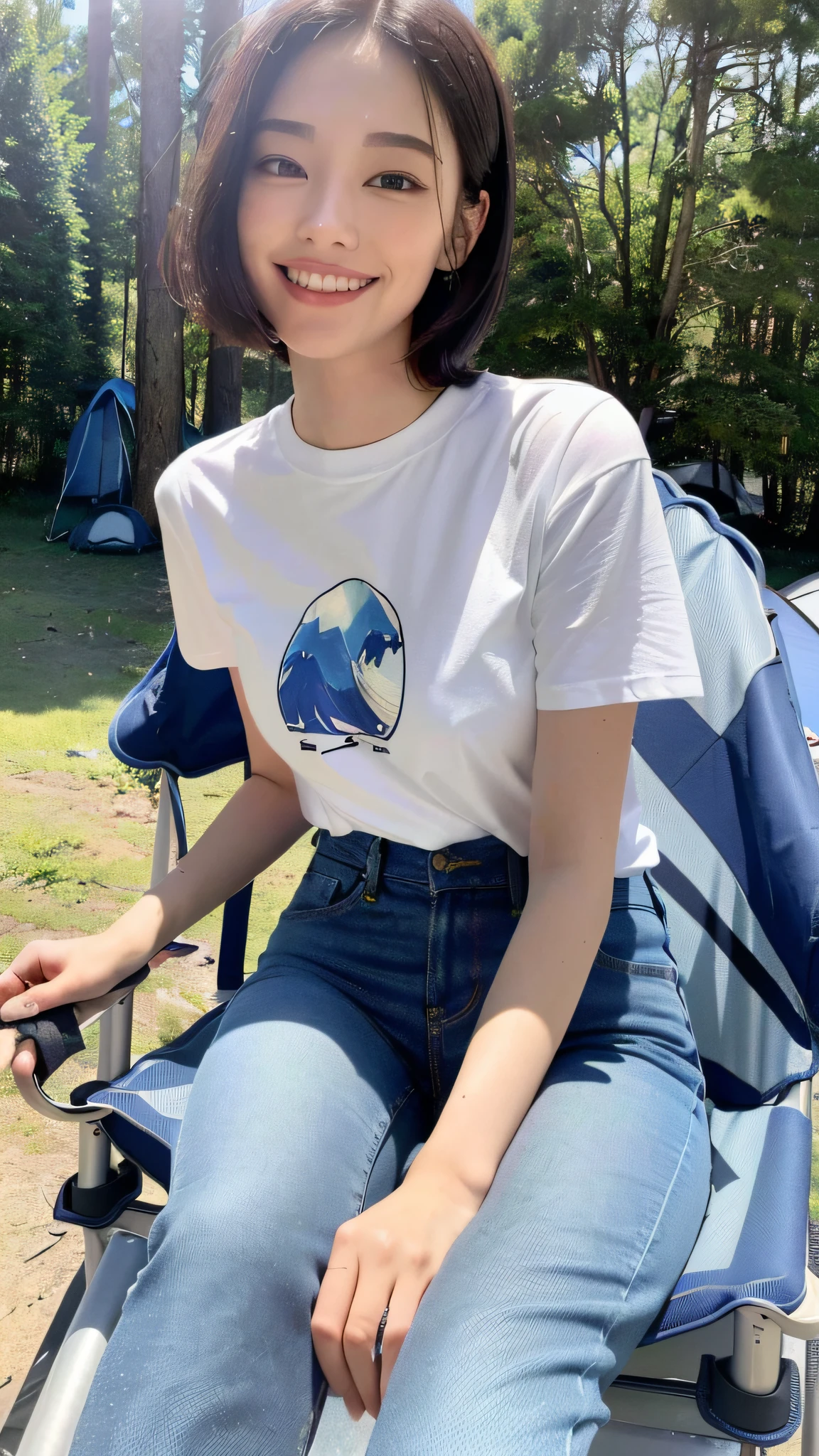 (8k, Super Hi-Res, Top Quality, Masterpiece: 1.2), (Realistic, Photorealistic: 1.4), Super Detail, Solo, smile,
1girl ,camping-ground, (jeans,oversize_white_t-shirt:1.2), (short_hair ), (Sit bent forward on camping_chair:1.4)
