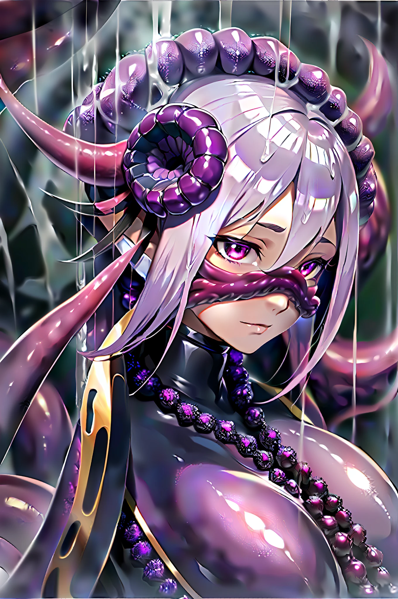 Humanoid slime, purple translucent, humanoid colloidal jelly, fine details. Anime. Tentacles, covered with tentacles, wrapped in black tentacles, tentacles surrounding, some tentacles touching her