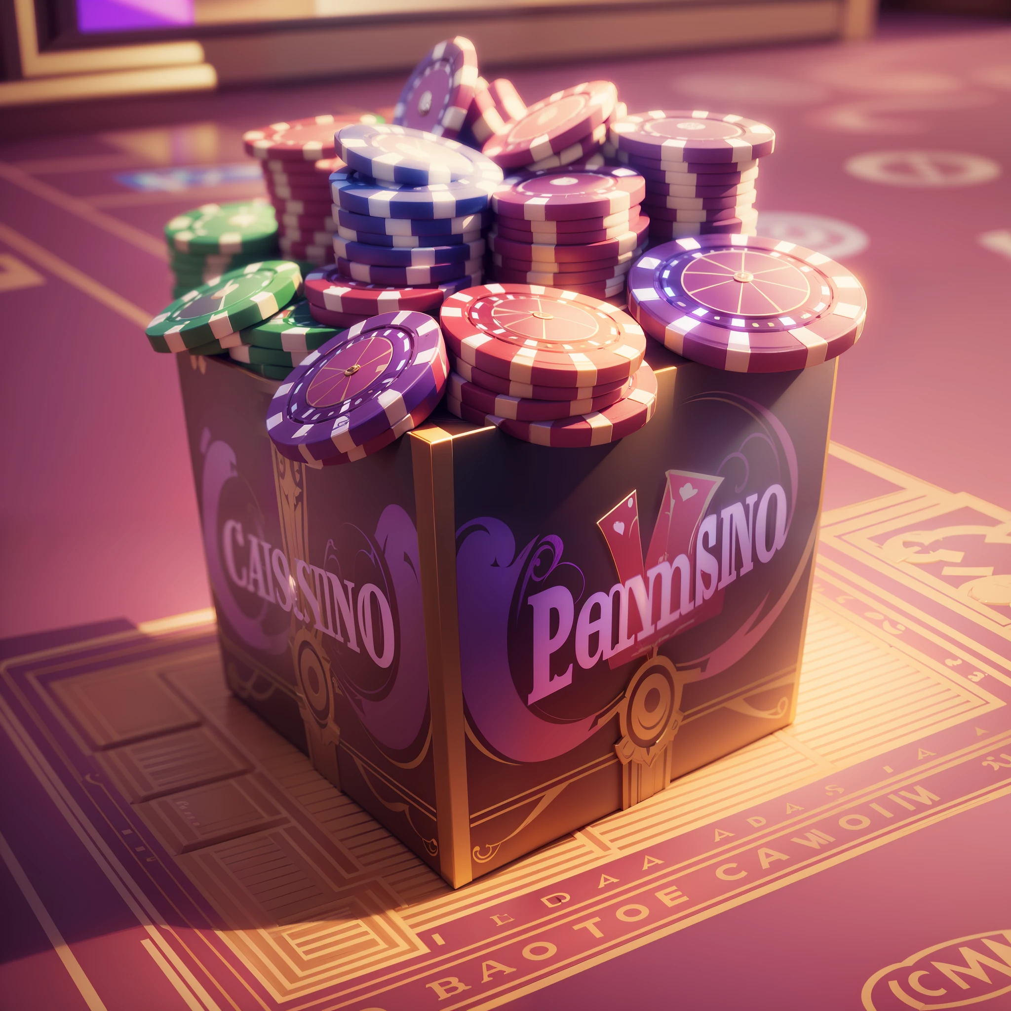 Casino background, A gift box, UI, clay material, super detailed, upward perspective, cute, soft, accent lighting, C4D, OC renderer, 8K, little purple --auto --s2