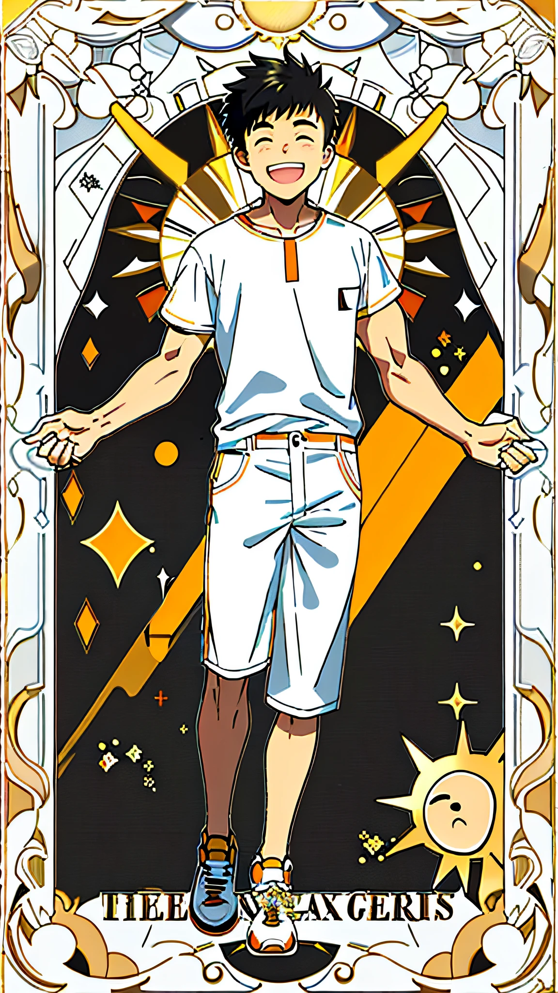 masterpiece, best quality, full body, card, 1 man, the sun, happy, laugh, short hair, black hair, brush cut, white shirt, standing, white, light, music, art, yellow, orange, black, buzz cut, bara, street style, white t-shirt, short pant, sport, center, man, looking at viewer