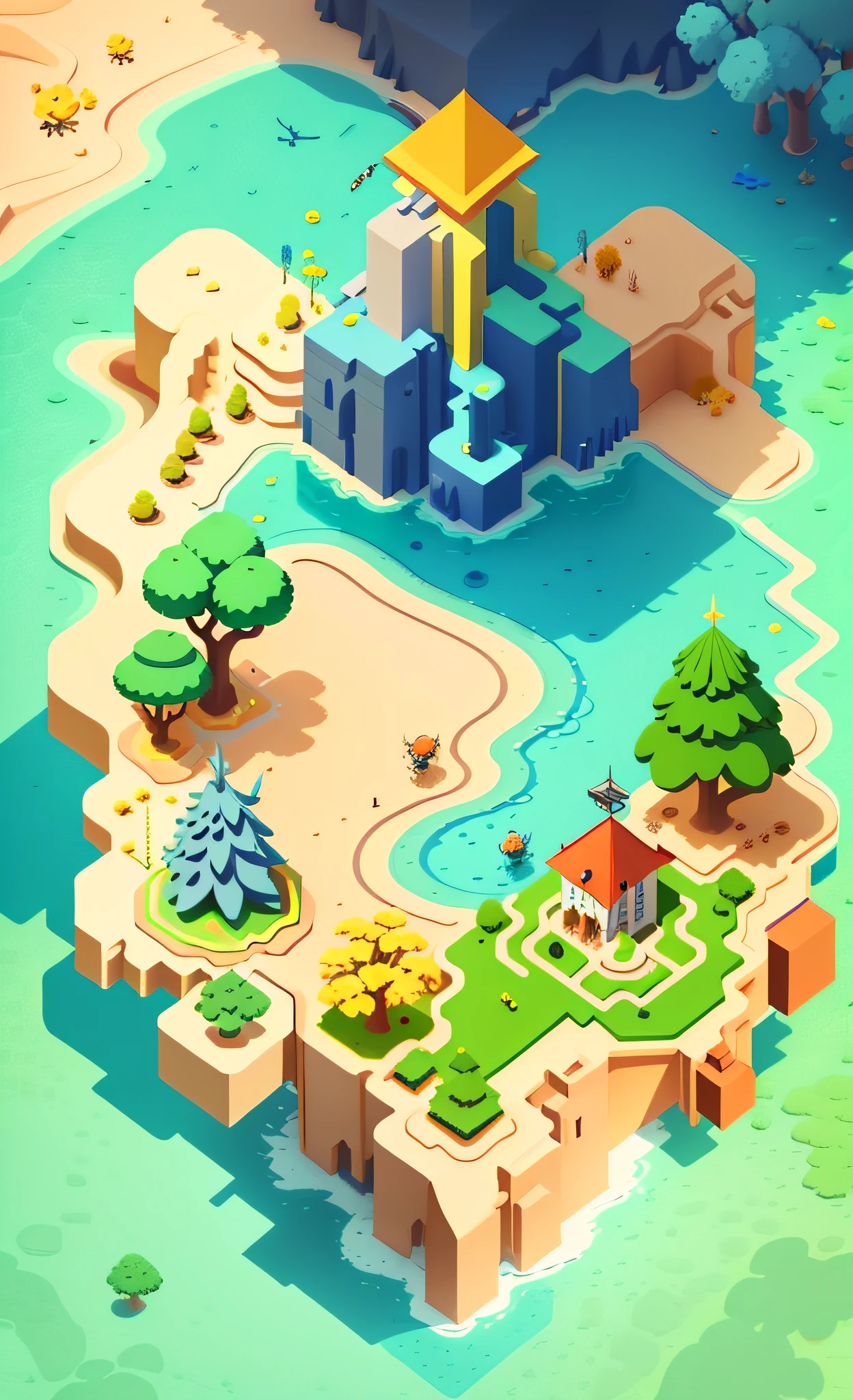 Game Map, (Game Concept Art Design: 1.1), Isometric Art, (Cartoon Hand Drawn Style: 1.2), Simple Geometry, (Color: 0.6), Detail, Flat Game Art, 3D, Low Grid, Square, Straight Look, Bees, Birds, Trees, Big Trees, Game Engine Rendering, Ultra HD Rendering, Clear Lines, Geometry, Masterpieces, Best Quality, Official Art, C4D, Extremely Detailed CGunity 4K Wallpaper, Very Detailed, Illustration, Unreal Engine, ArtStation, Unreal 5, DAZ, Surrealism, Octane rendering, high-quality shadows