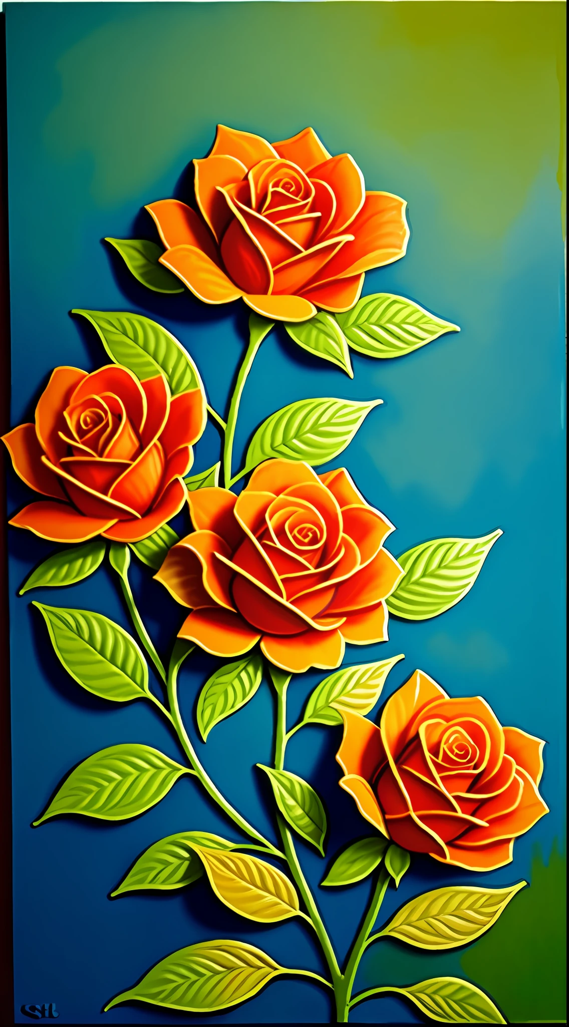 painting of three orange roses on a blue background with green leaves, oil paint impasto reliefs, oil paint impasto relief, orange flowers, daisies, acrylic art, 3 d oil painting, oil painting in a modern style, realistic flowers oil painting, impasto painting, detailed impasto, impasto paint, orange flower, stylized flowers