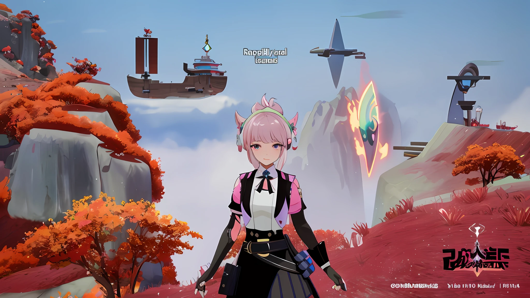 ((Best Quality)),((Masterpiece)). (Detail:1.4),3DAnime - Screenshot of a woman in a pink outfit standing in a field, pink double-tailed hair and cyan eyes, from video game Azur Lane, Azur Lane style, gameplay screenshot with user interface, stylized anime, Sakura Haruno in slug sage mode, Katana Zero video game character, Ayaka Genshin Impact, Ayaka game Genshin Impact