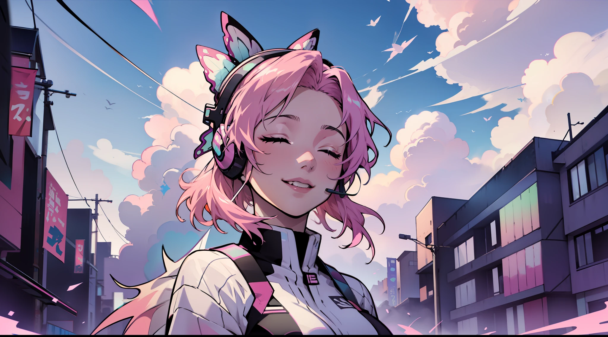 Woman with peace sense headset, closed eyes, beautiful face, RGB colors, anime pink hair, banner for youtube video, happy girl, clouds with RGB colors., bright RGB colors.