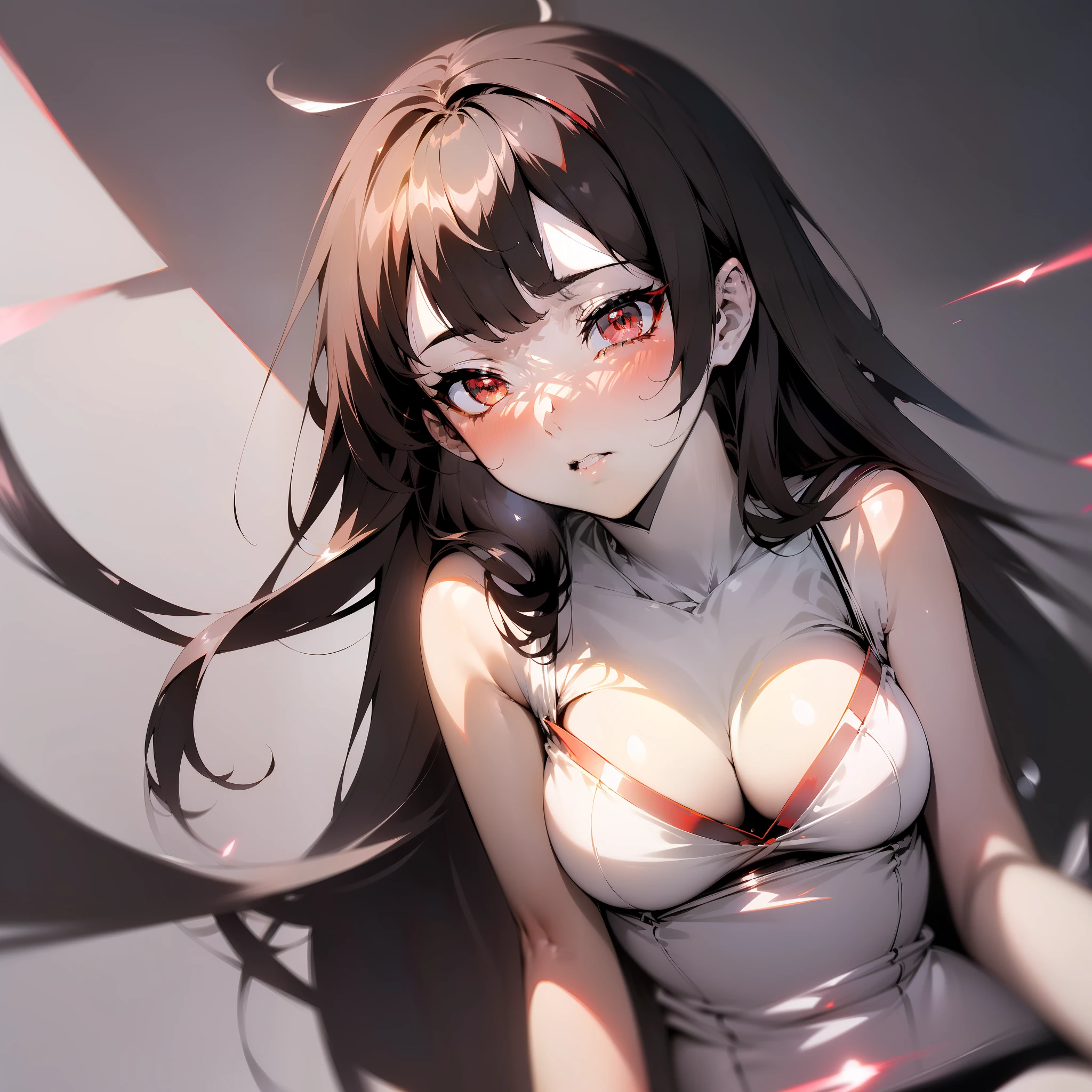 ((Japanese anime, brunette girl, delicate, tsundere), (sexy, shimmering luster, red flashing eyes), (advanced shadow, unique light and shadow effect), (monochrome background, highlight reflection effect), vivid and powerful expressions and movements), (white underwear, panties)