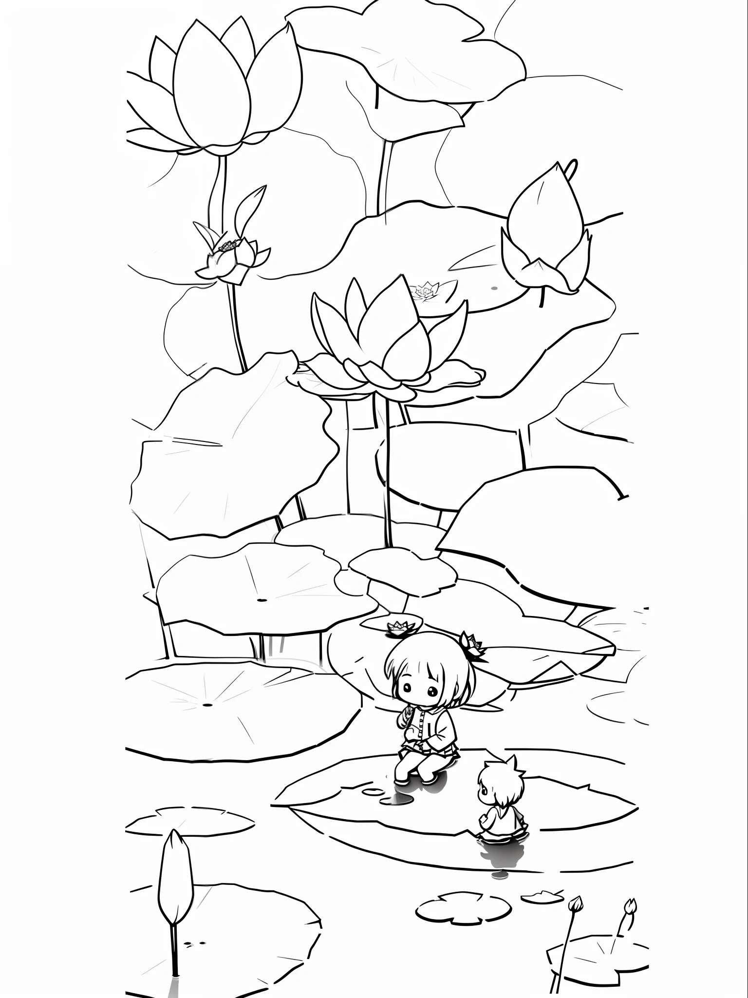 Little girl, pond, lotus, drizzle.