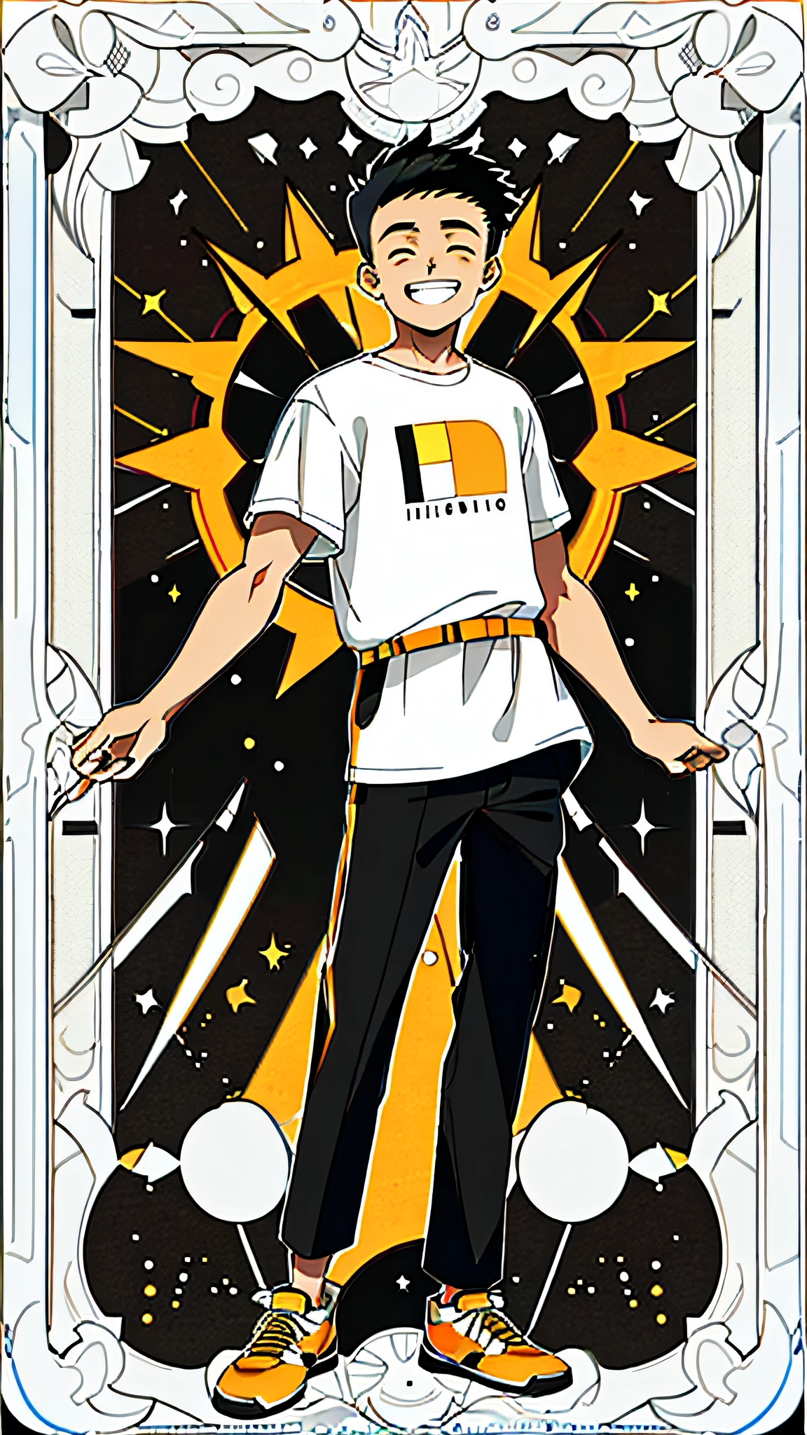 masterpiece, best quality, full body, card, 1 man, the sun, happy, laugh, short hair, black hair, brush cut, white shirt, standing, white, light, music, art, yellow, orange, black, buzz cut, bara, street style, white t-shirt, short pant, sport, center, man, looking at viewer