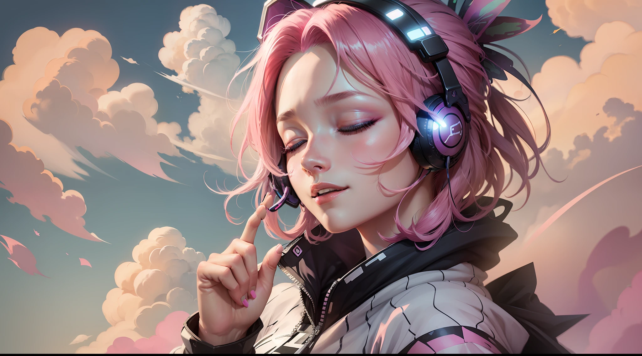 Woman with peace sense headset, closed eyes, beautiful face, RGB colors, anime pink hair, banner for youtube video, happy girl, clouds with RGB colors., bright RGB colors.