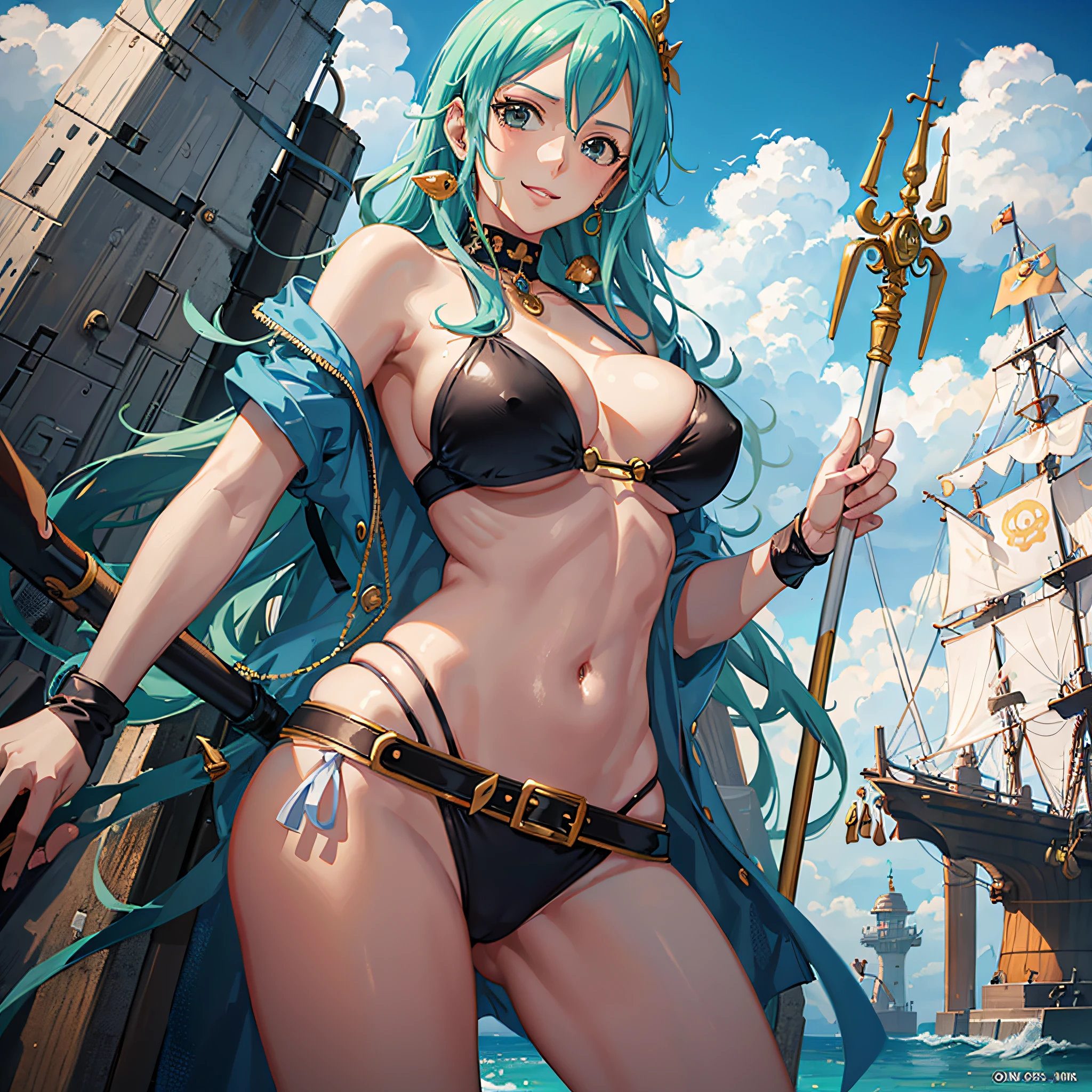 Create a realistic, high-definition artistic depiction of the character Nami from the "One Piece" anime, in a sexy bikini, smiling while holding the weather baton, on top of the ship named Sany. Explore erotic features while maintaining fidelity to the original traits of the anime. --auto --s2