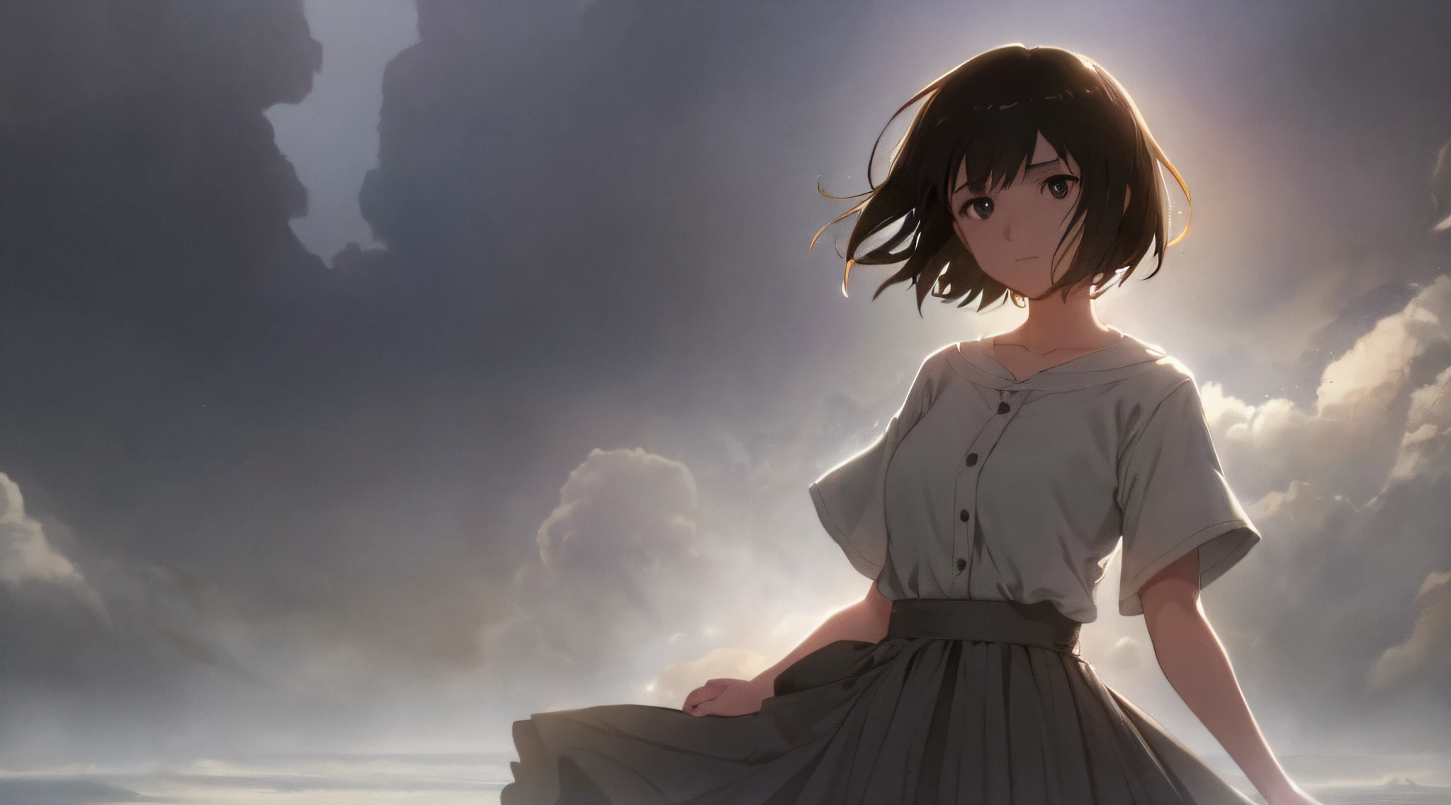 Very detailed and precise anime style illustration, very beautiful young woman, solo, brown short hair, wearing gray shirt, gray long skirt, perfect round gray eyes, fantastic scene of another world with thick fog. Dramatic lighting, Makoto Shinkai anime style.