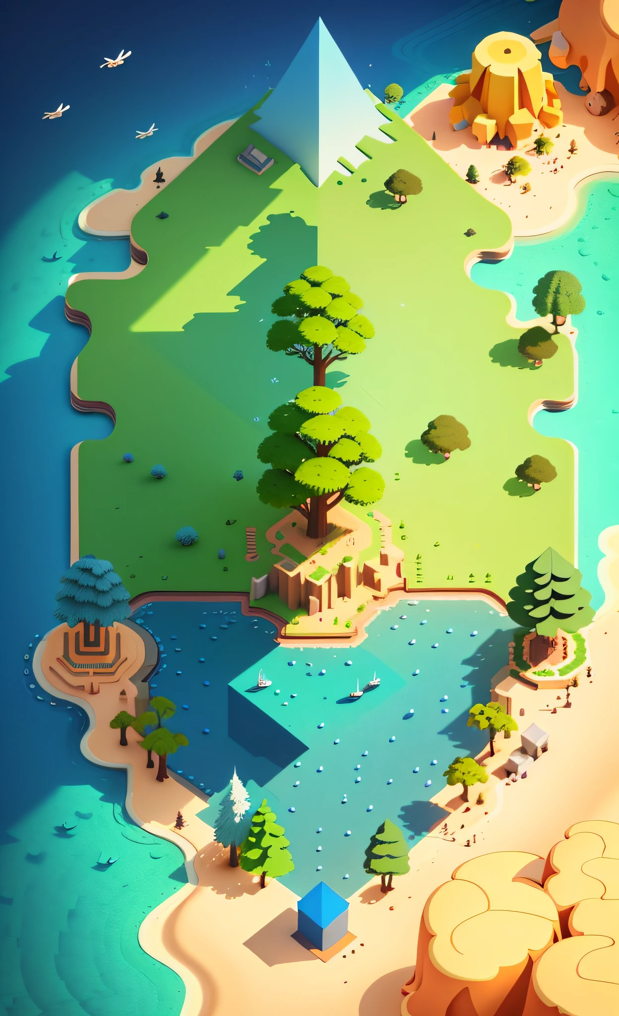 Game Map, (Game Concept Art Design: 1.1), Isometric Art, (Cartoon Hand Drawn Style: 1.2), Simple Geometry, (Color: 0.6), Detail, Flat Game Art, 3D, Low Grid, Square, Straight Look, Bees, Birds, Trees, Big Trees, Game Engine Rendering, Ultra HD Rendering, Clear Lines, Geometry, Masterpieces, Best Quality, Official Art, C4D, Extremely Detailed CGunity 4K Wallpaper, Very Detailed, Illustration, Unreal Engine, ArtStation, Unreal 5, DAZ, Surrealism, Octane rendering, high-quality shadows