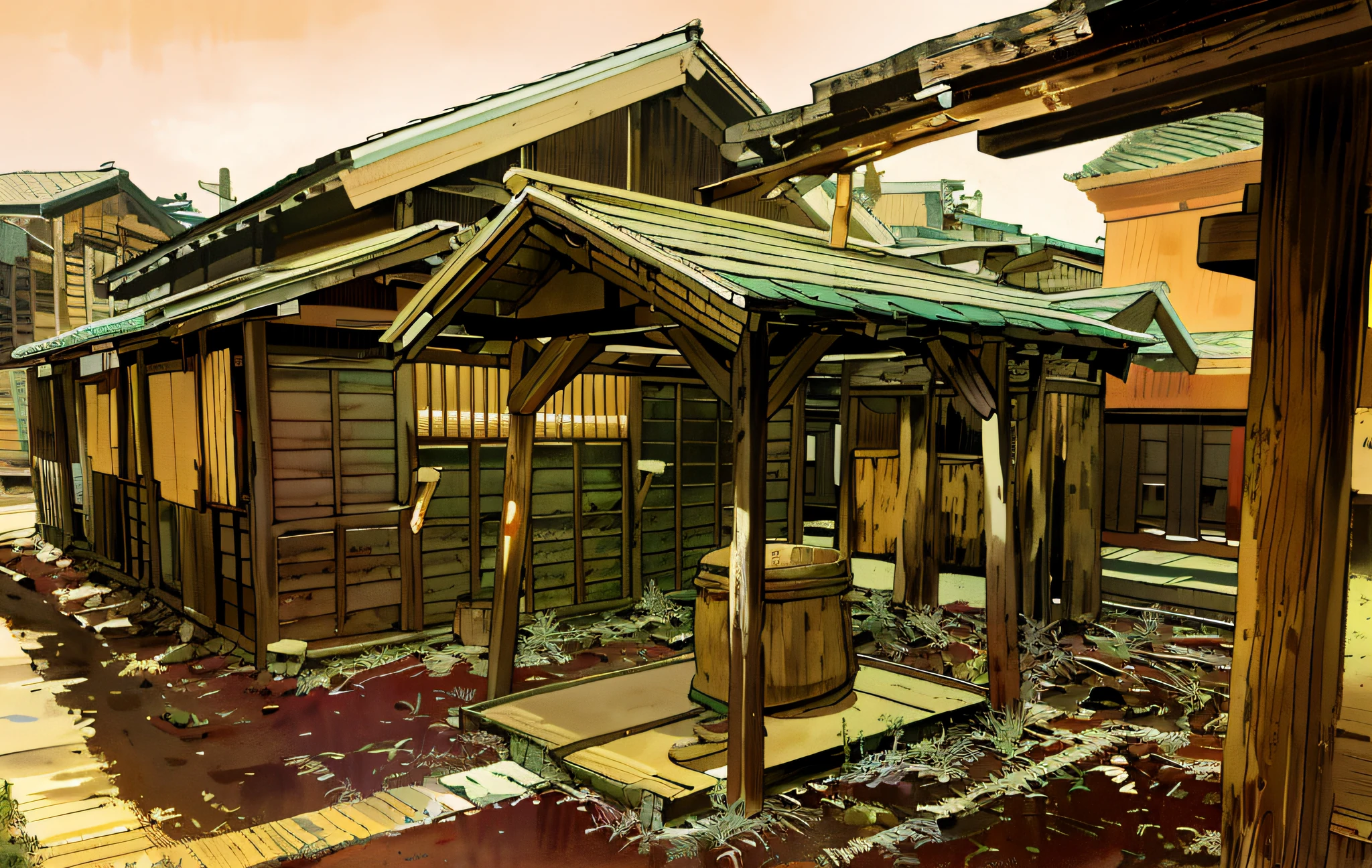 Line art, anime background, daytime, ground is dirt, no pines, there is a well in the middle of the earthen garden, inn and Edo period house, Edo period house in the background, Japan rural town, Japan village, Japan countryside, feudal Japan setting, Edo period, ancient Japan architecture, Edo Japan, Edo period, Edo style, Japan town