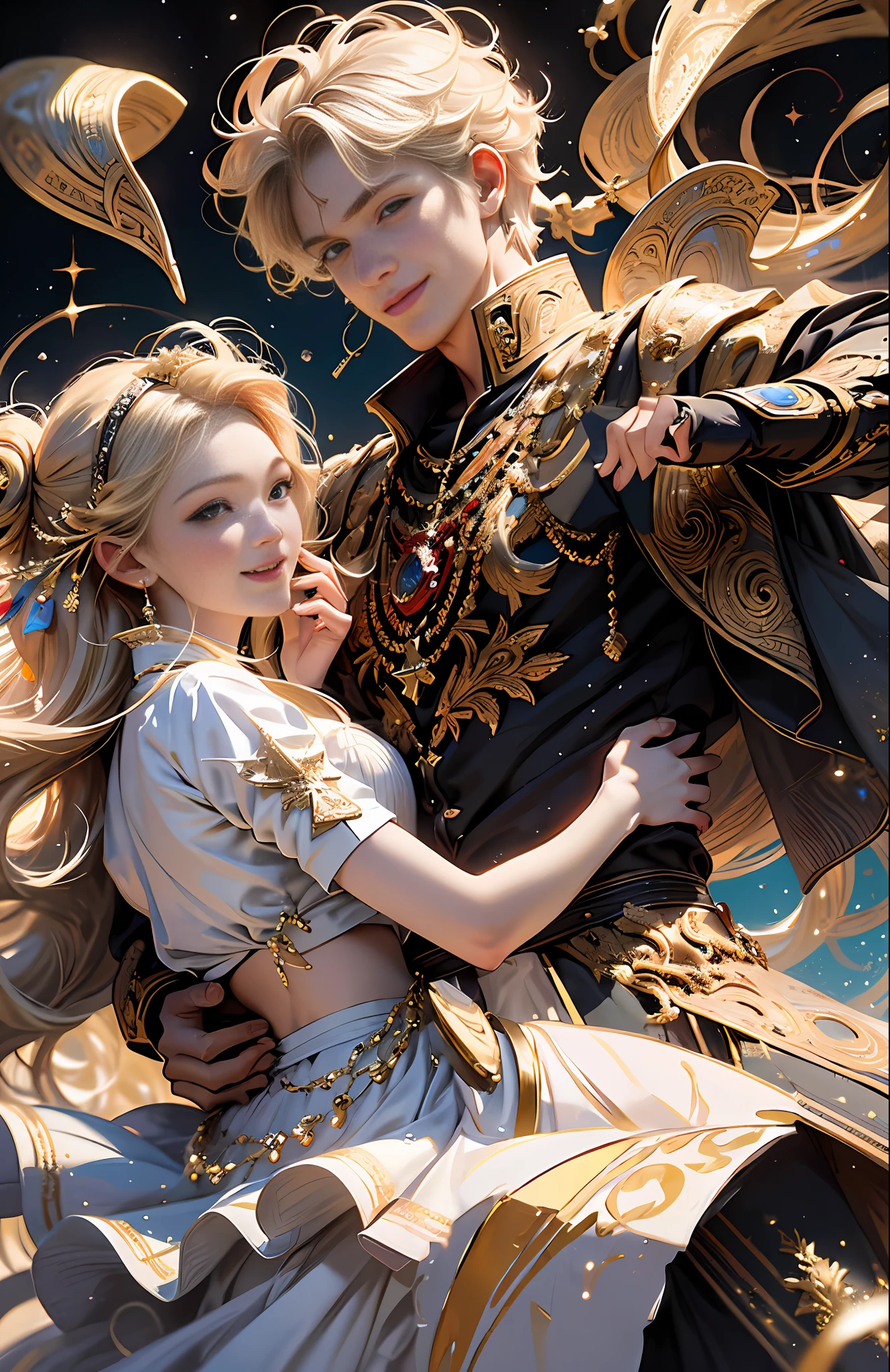 blond haired woman in a white dress and a man in a gold outfit, wlop and sakimichan, trending on cgstation, by Yang J, edgar maxence and ross tran, by Ni Tian, wlop and ross tran, alphonse mucha and rossdraws, by Li Song, & jeehyung lee & wlop, by Oliver Sin, beautiful digital artwork