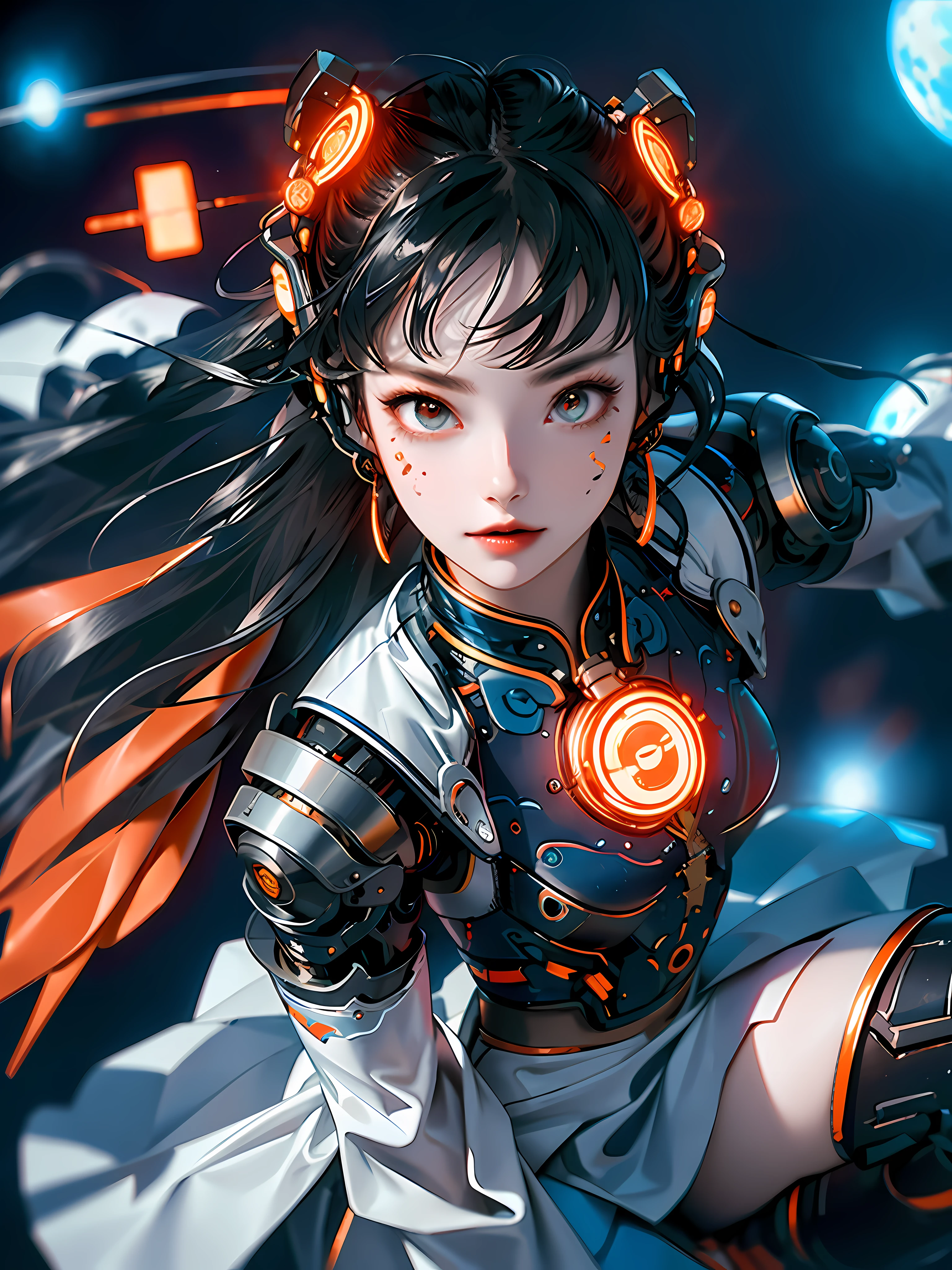 1 girl, Chinese_clothes, metallic black titanium and orange, cyberhan, cheongsam, cyberpunk city, dynamic pose, detailed luminous headphones, glowing hair accessories, long hair, luminous earrings, glowing necklace, cyberpunk, high-tech city, full of mechanical and futuristic elements, futurism, technology, glowing neon, orange, orange light, fluorescent orange, skirt, cape, coat, laser, digital background, urban sky, big moon, with vehicle, best quality, masterpiece, 8K, Character edge light, super high detail, high quality, the most beautiful woman in human beings, smiling slightly, face facing front and left and right symmetry, ear decoration, beautiful pupils, light effects, visual data, pick and dye orange, dye hair, super detail facial texture, happy and proud, weapon system, mecha style, crowded street passers-by, 7 doppelgangers into the camera, infinite zoom, super light and shadow, various poses, long hair flowing, wear luminous goggles, windproof goggles, luminous long antenna, girl sitting sideways