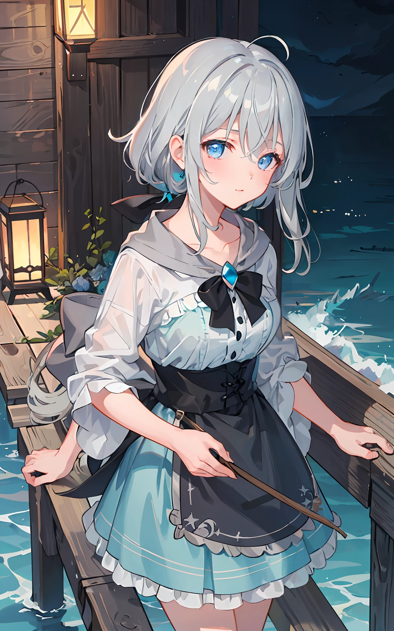 ((masterpiece: 1.4, best quality), extremely detailed CG, gray hair turquoise eyes, sea tide, darkness, dark night, lantern, girl, reef, close-up, side