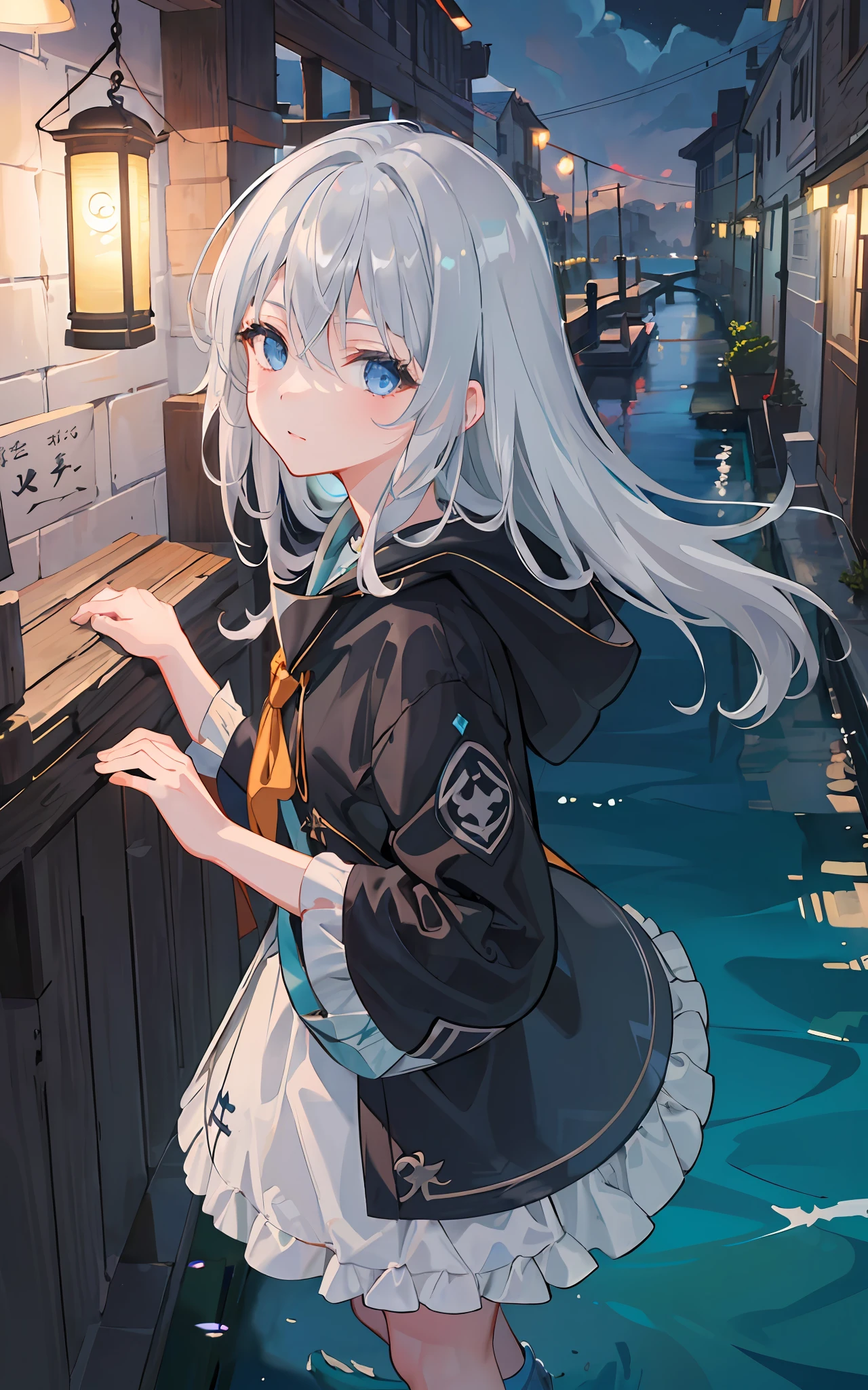 ((masterpiece: 1.4, best quality), extremely detailed CG, gray hair turquoise eyes, sea tide, darkness, dark night, lantern, girl, reef, close-up, side