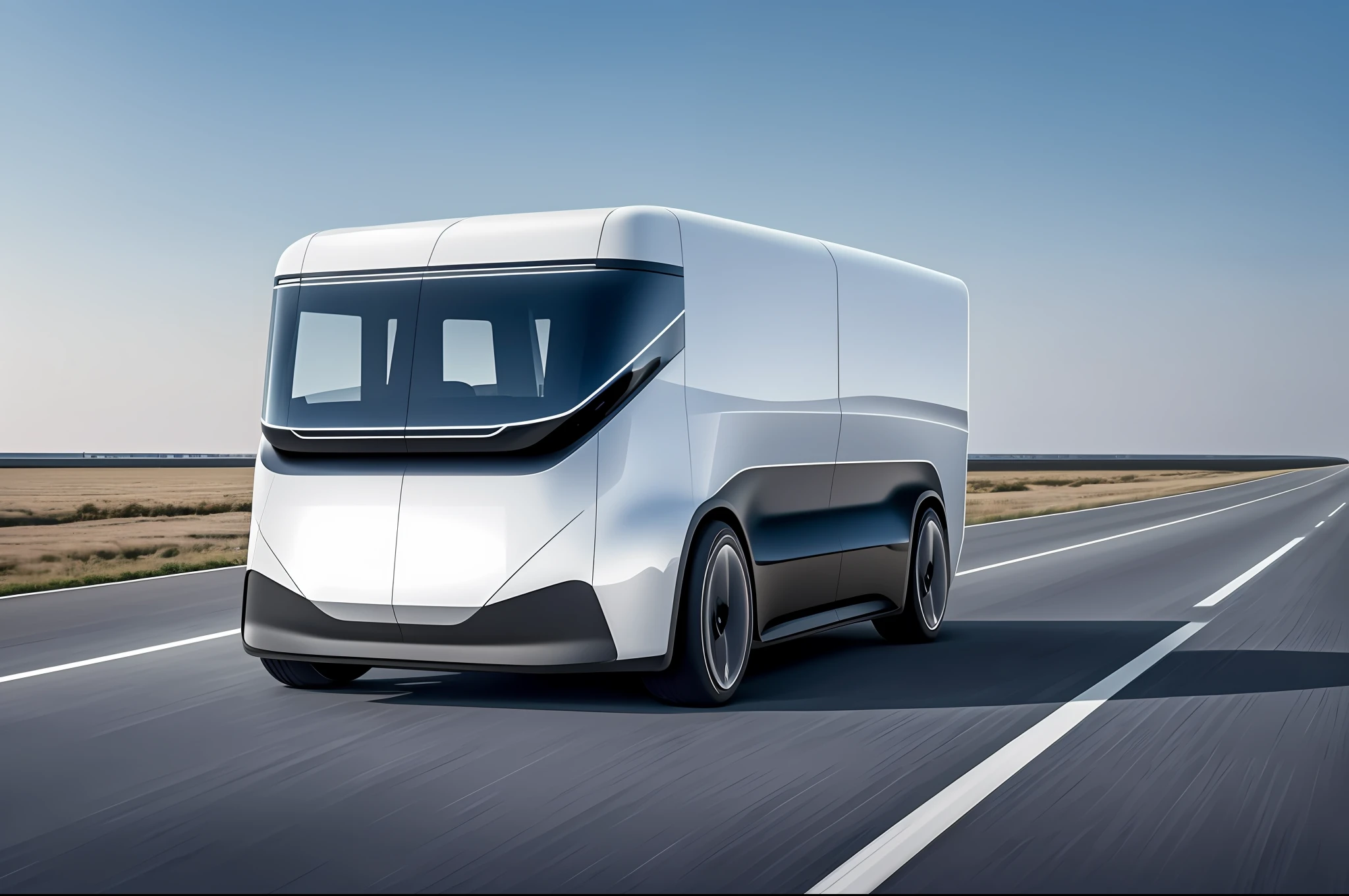 High quality, high detail, UHD, 8K, a simple (commercial vehicle), (left 45° viewing angle to the viewer: 1.1), flat head, with cargo box, minimalist style, electric car elements, centered, no unnecessary lines, highway, background.