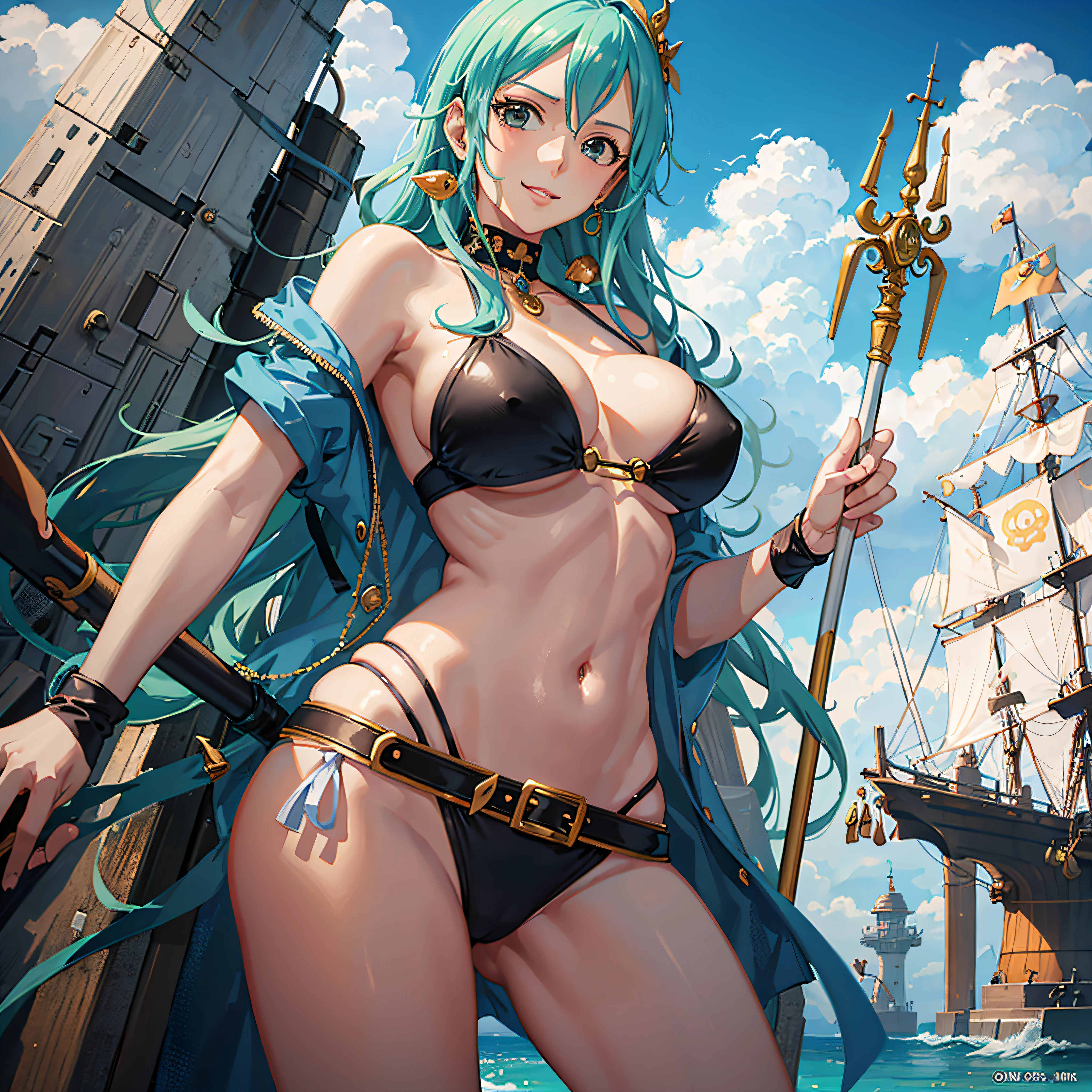 Create a realistic, high-definition artistic depiction of the character Nami from the "One Piece" anime, in a sexy bikini, smiling while holding the weather baton, on top of the ship named Sany. Explore erotic features while maintaining fidelity to the original traits of the anime. --auto --s2