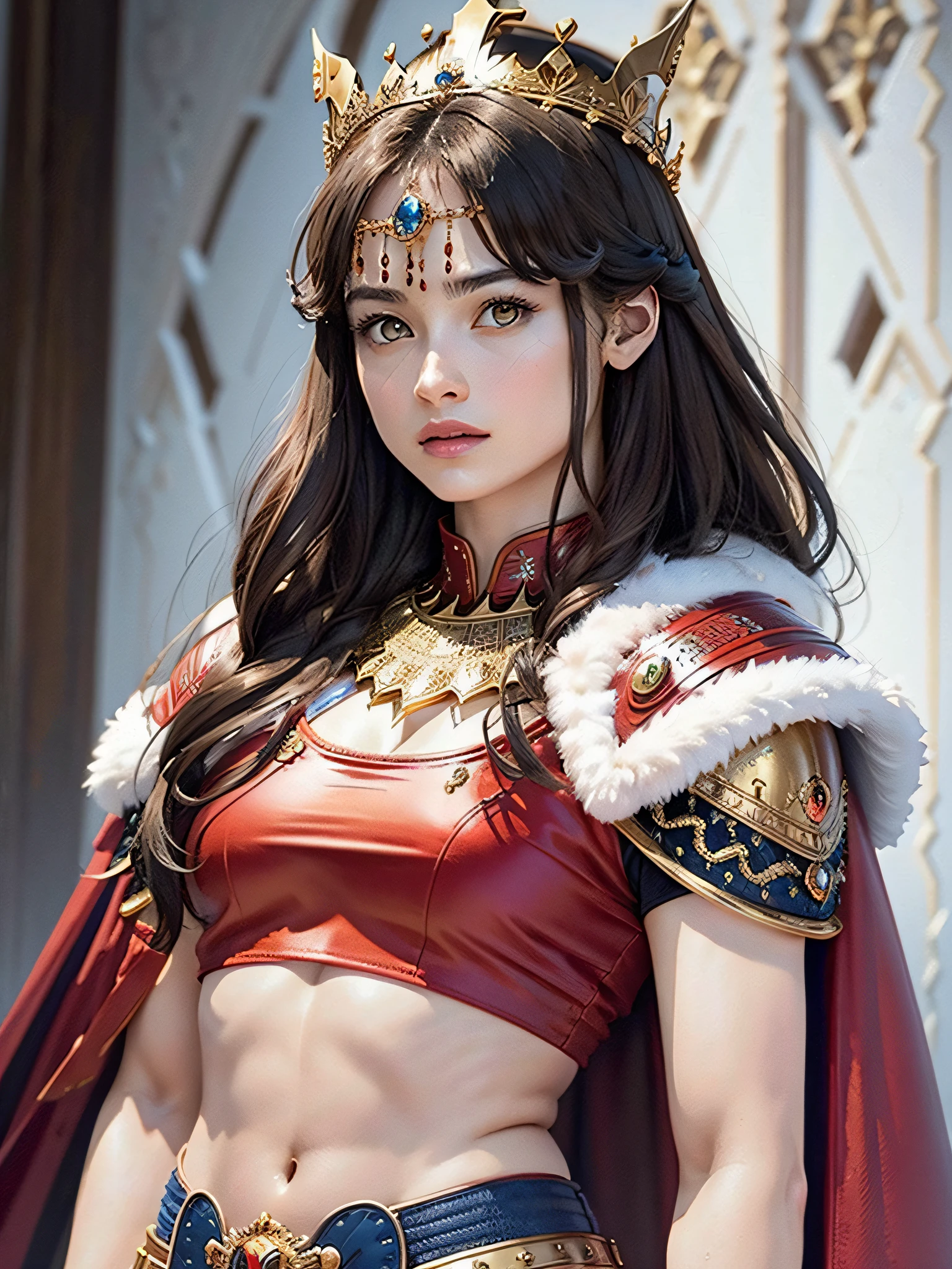(masterpiece, top quality, top quality, official art, beautiful and aesthetic: 1.2), ultra-detailed complex 3D rendering of face, (big: 7.8), blue crop top: 1.8, perfect figure: 1.4, slim abs: 1.1, (1 girl), (warrior queen red armor, fur-lined cape, jeweled crown: 2.2), serious, cleavage, brown hair, white skin
