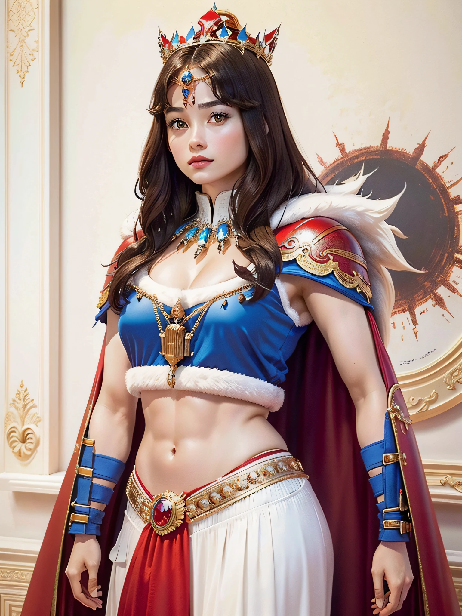 (masterpiece, top quality, top quality, official art, beautiful and aesthetic: 1.2), ultra-detailed complex 3D rendering of face, (big: 7.8), blue crop top: 1.8, perfect figure: 1.4, slim abs: 1.1, (1 girl), (warrior queen red armor, fur-lined cape, jeweled crown: 2.2), serious, cleavage, brown hair, white skin