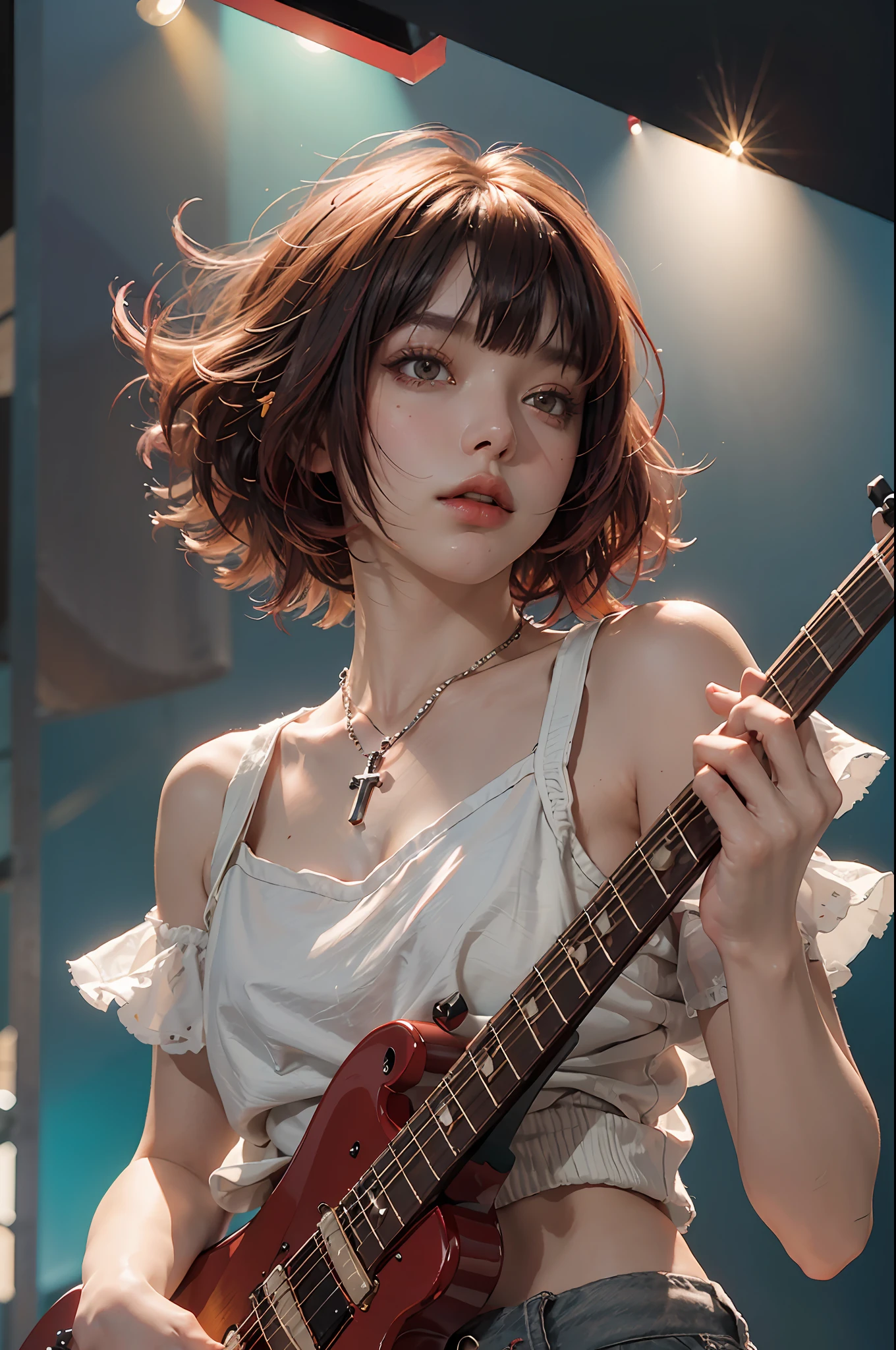 Top Quality, Masterpiece, Ultra High Definition, (Photorealistic: 1.4), Raw Photos, Cowboy Shots, Girl Playing Electric Guitar on Live Stage, Short Hair, Red Gradient Hair, Asymmetrical Bangs, Bob Cut Bob Cut, Cross Petit Pendant Necklace, White Punk Rock Costumes, Live Lighting