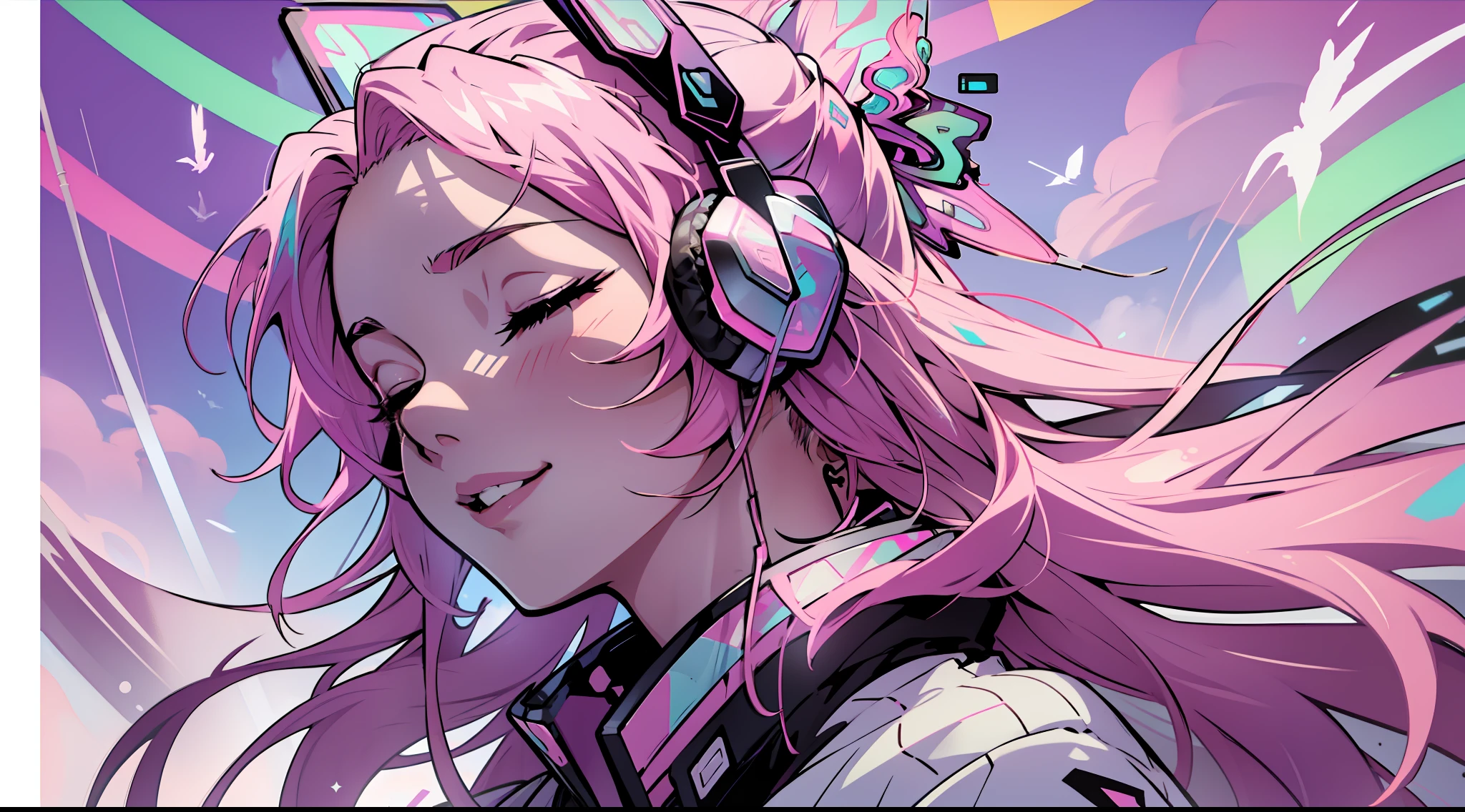 Woman with peace sense headset, closed eyes, beautiful face, RGB colors, anime pink hair, banner for youtube video, happy girl, clouds with RGB colors., bright RGB colors.