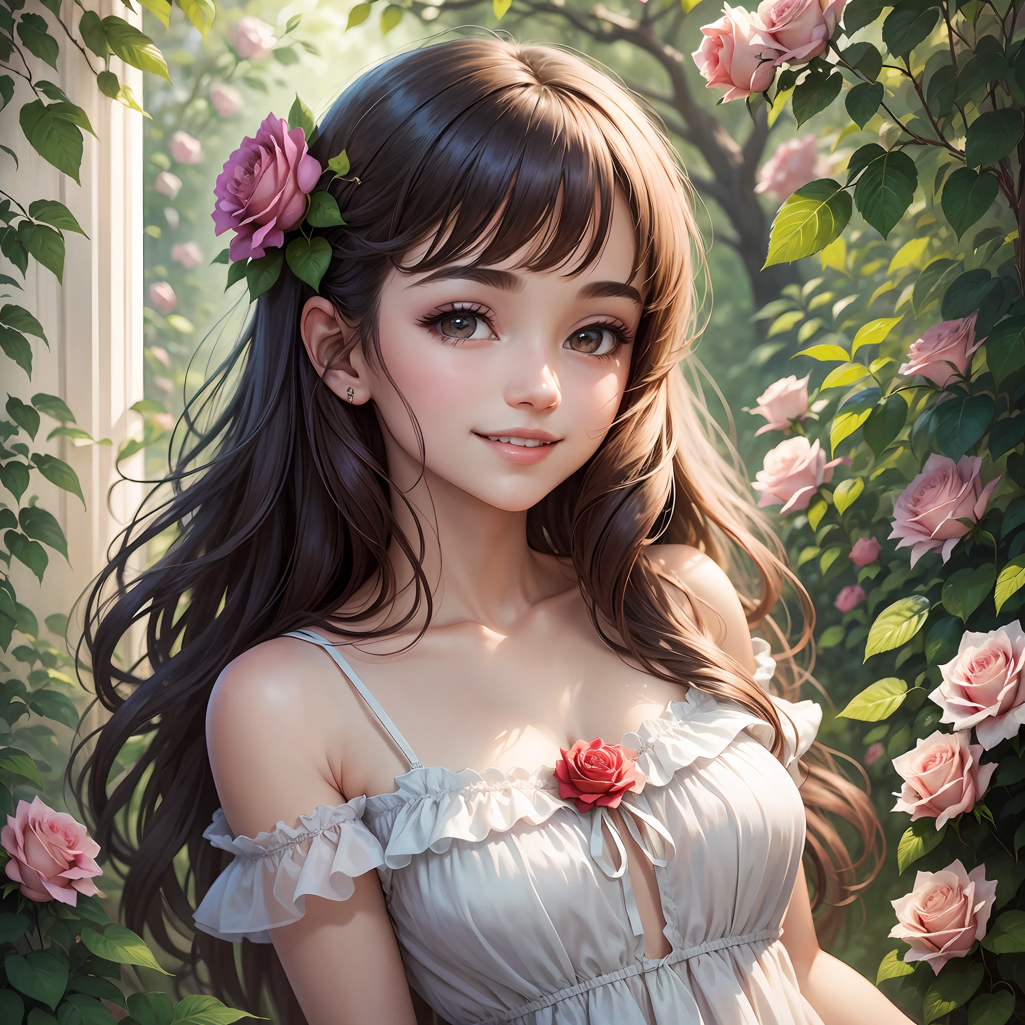 Beautiful girl in an airy chiffon dress, a smile on her face, highly detailed face, against a background of blooming rose bushes --auto --s2
