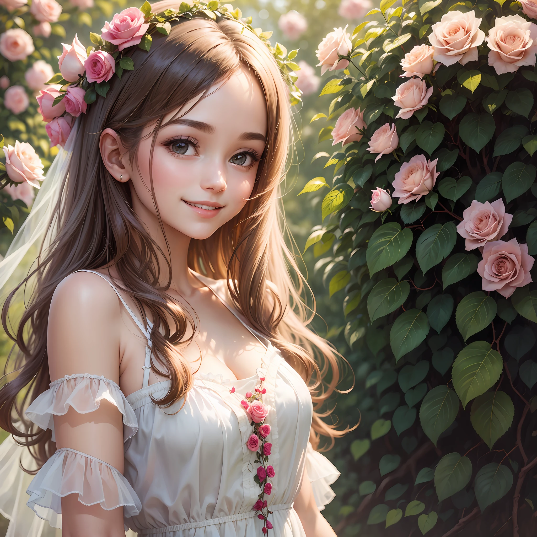 Beautiful girl in an airy chiffon dress, a smile on her face, highly detailed face, against a background of blooming rose bushes --auto --s2