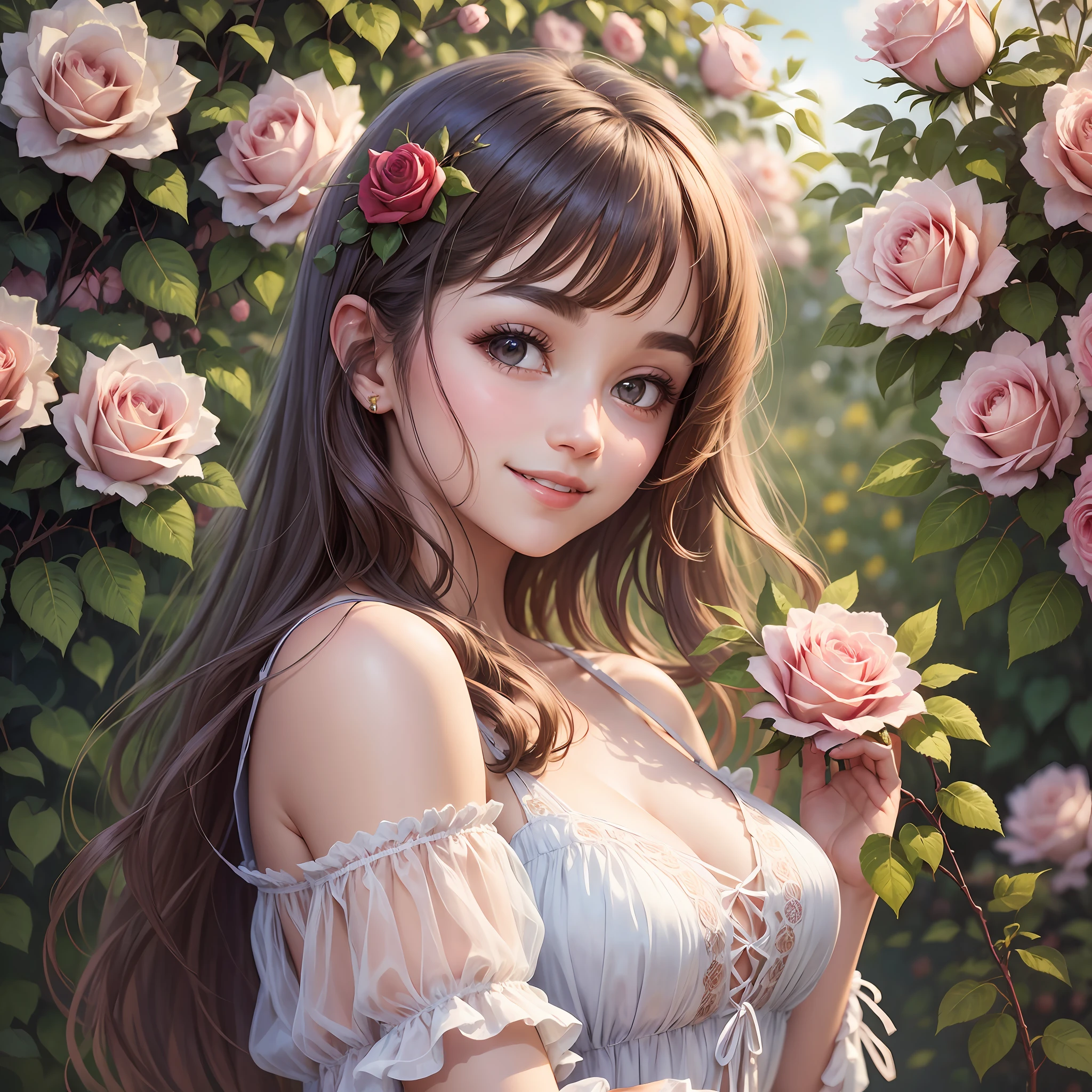 Beautiful girl in an airy chiffon dress, a smile on her face, highly detailed face, against a background of blooming rose bushes --auto --s2