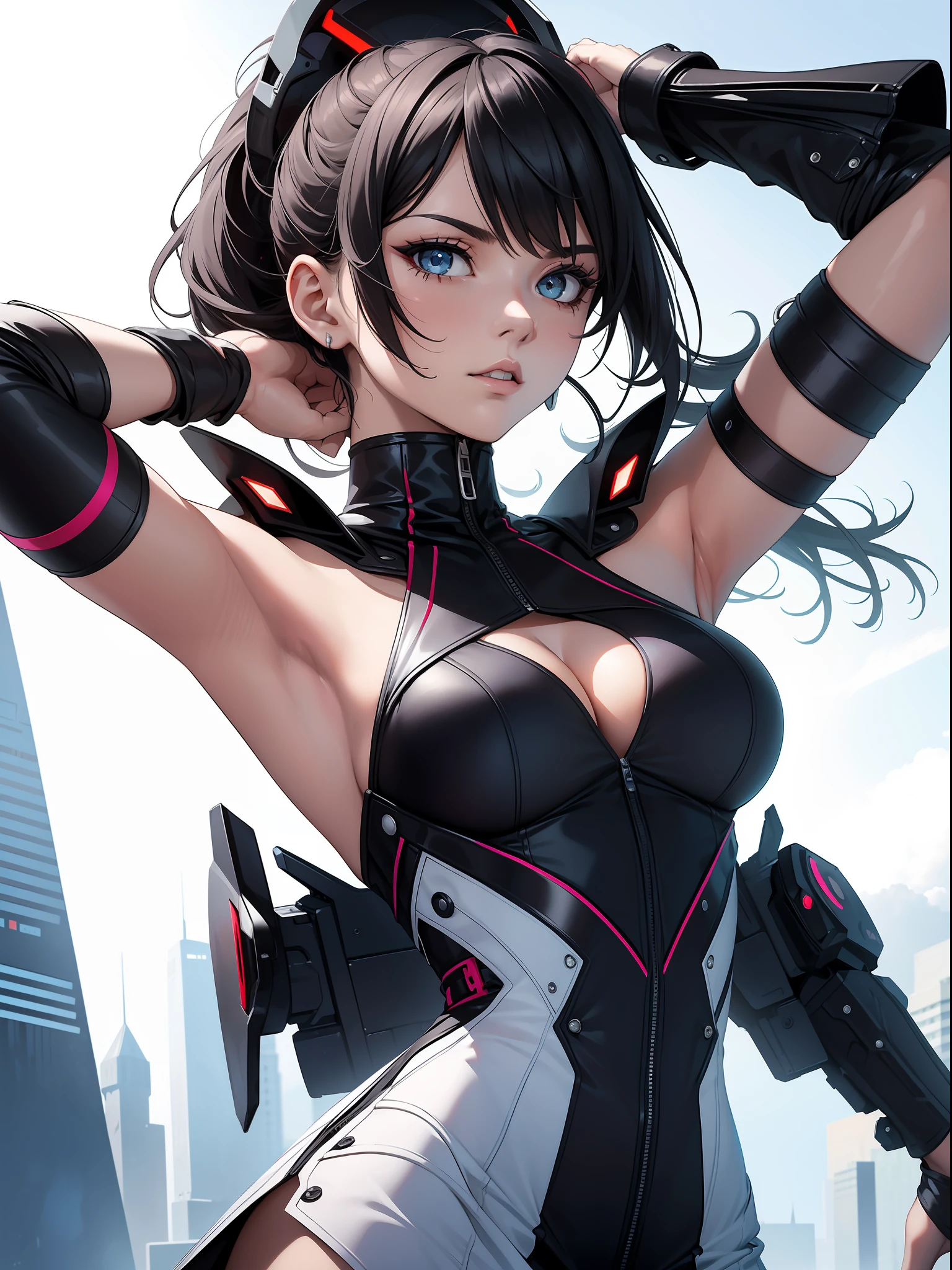 Best quality, masterpiece, highly detailed, award winning, (bold and seductive:1.2) girl, colorful, dressed in (beautiful, cool, edgy, sexy futuristic sleeveless dress), 1 arm raised above head, exposed armpit, exudes (power:1.1) and (confidence:1.1), plane white background