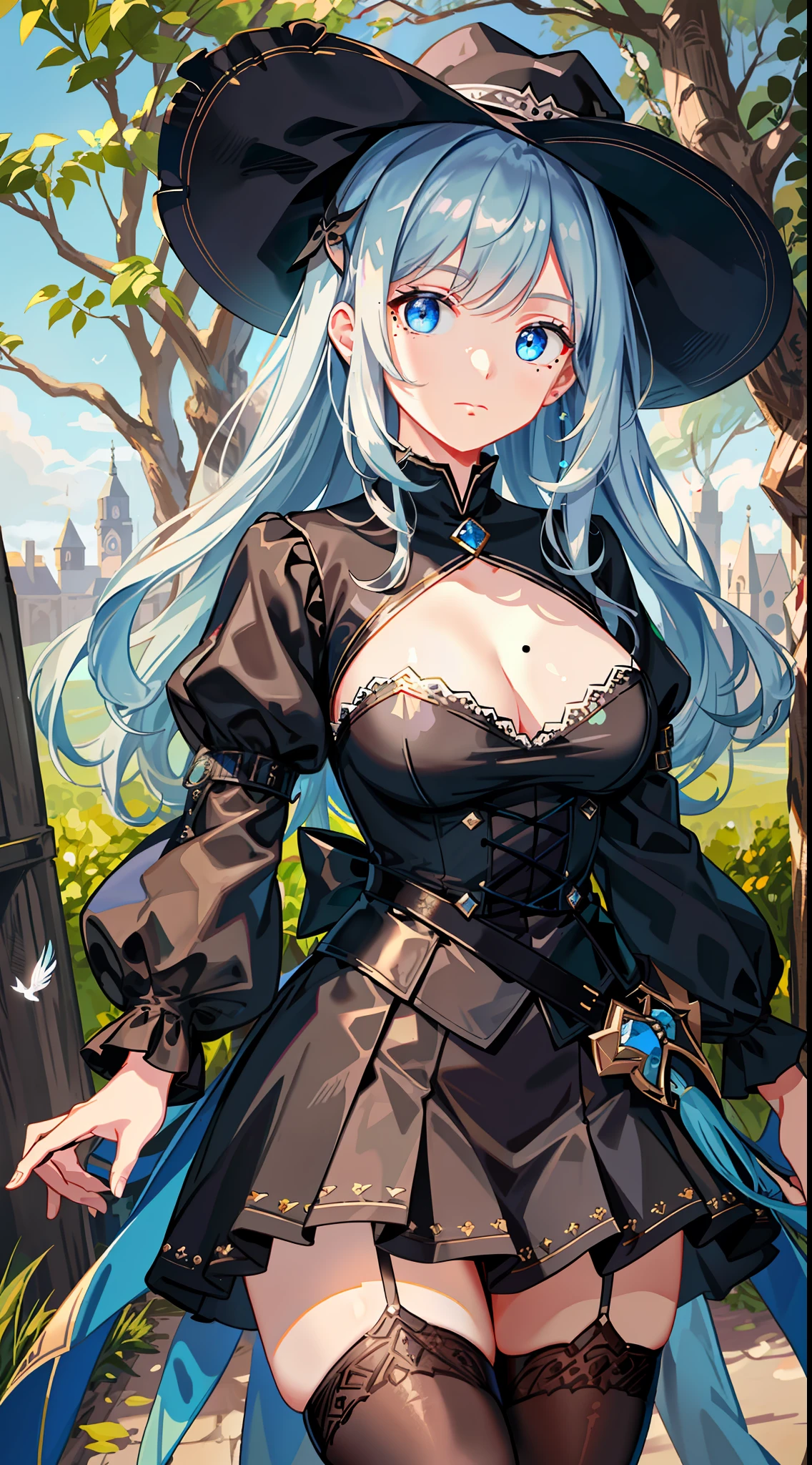 masterpiece, best quality, highres, hm2b, blue eyes, mole under mouth, clothing cutout, long sleeves, puffy sleeves,  juliet sleeves, feather trim, black thighhighs, black gloves, black dress, black skirt, cowboy shot, standing, outdoors