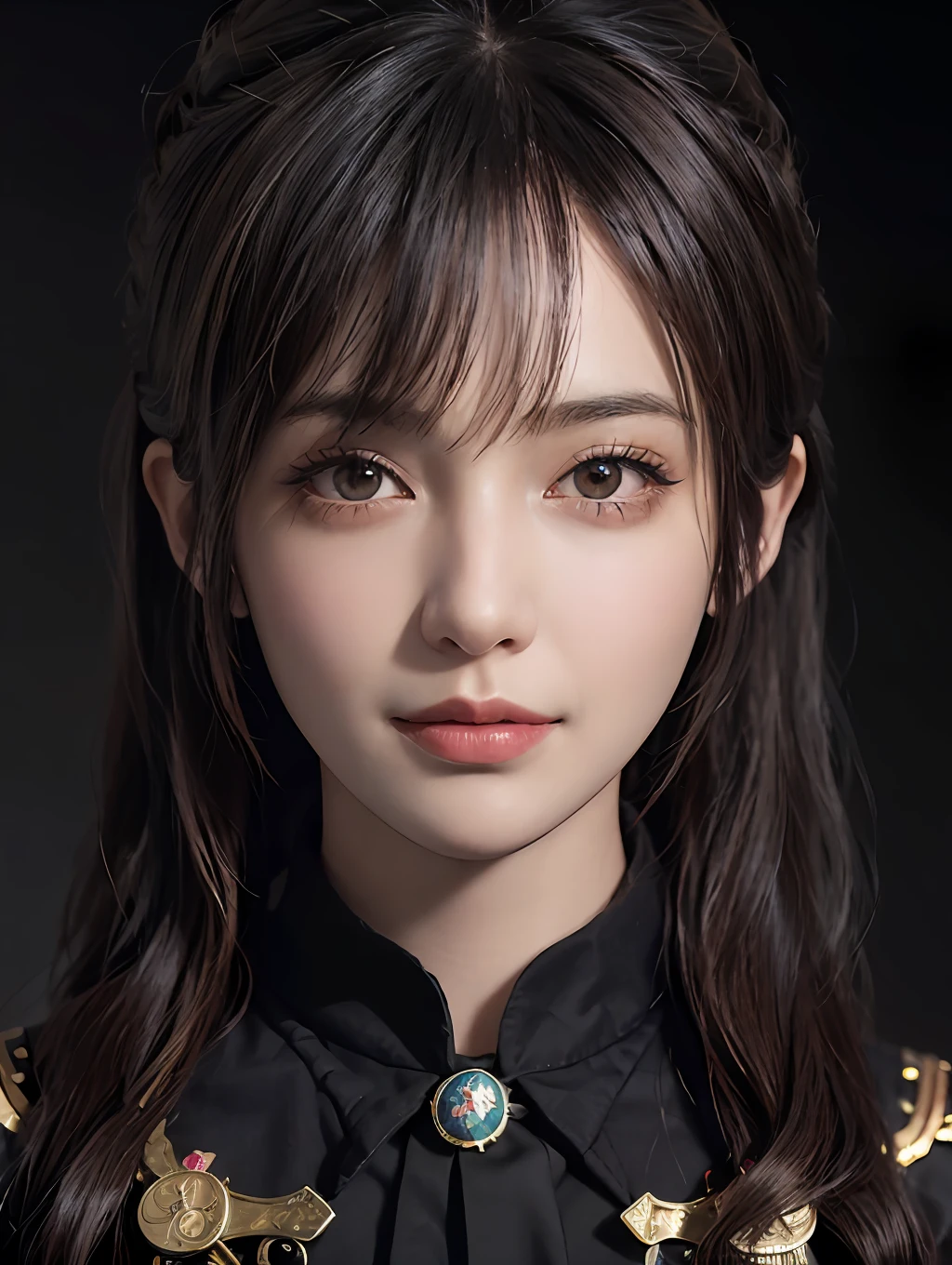 (Front Focus), (In the Dark: 1.6), Face Close-up, 1 Girl, Surrealistic Female Portraits by David Hockney and Alphonse Mucha, Fantasy Art, Photo Realism, Dynamic Lighting, ArtStation, Poster, Volumetric Lighting, Very Detailed Faces, 4 K, Award-Winning 1girl, Dark, Deep Shadow, Understated, Cowboy Shot, (Official Uniform: 1.4), Long Hair, Gray Hair, Smile, Ultra Fine Skin,