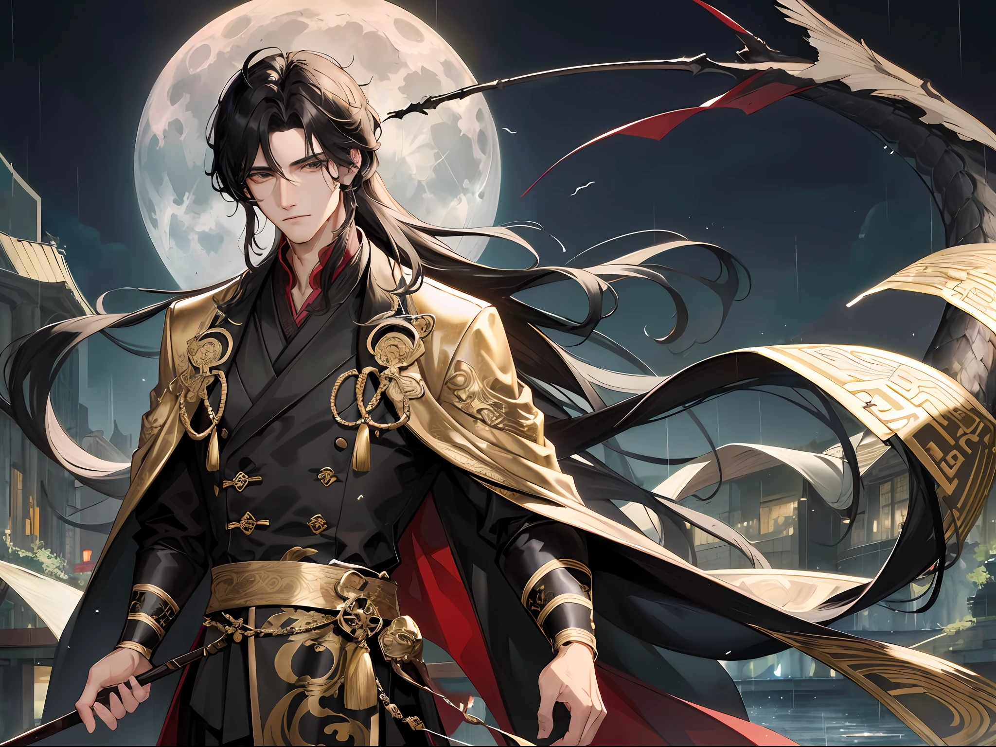 Masterpiece: superb outdoor night, full moon lakeside branch 1, male mature male style, ancient Chinese black hair, black eyes, split ends, long hair, long bangs, handsome, masculine, gentle, tall, tall, calm, black and gold mixed dragon pattern prince umbrella, rainy day facial features, exquisite facial details