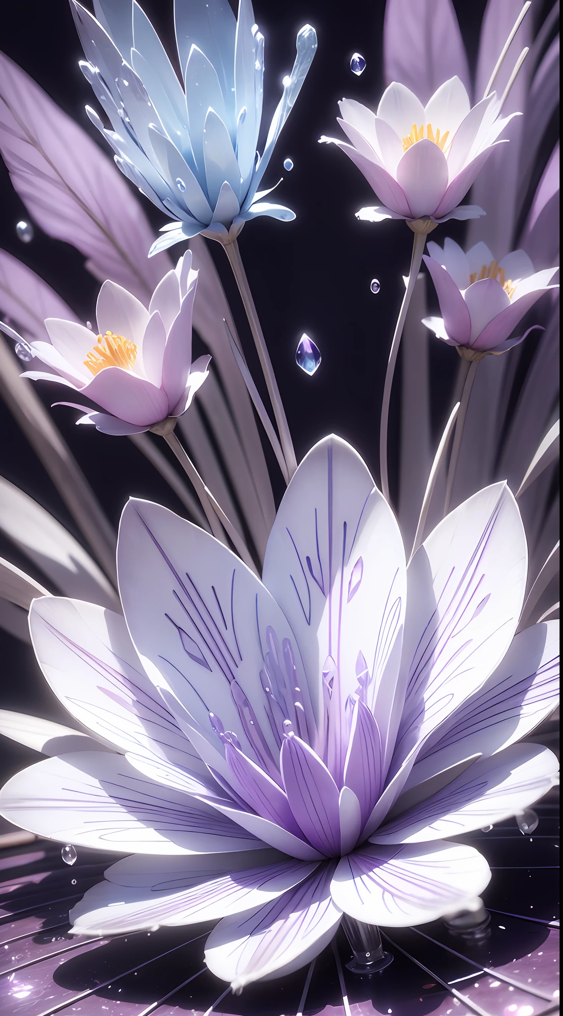 one white flower with blue water drops splashing, in the style of light violet and light silver, 8k 3d, delicate lines, whimsical dreamscapes, made of crystals, multi-coloured minimalism, daz3d --ar 4:5 --s 750 --v 5