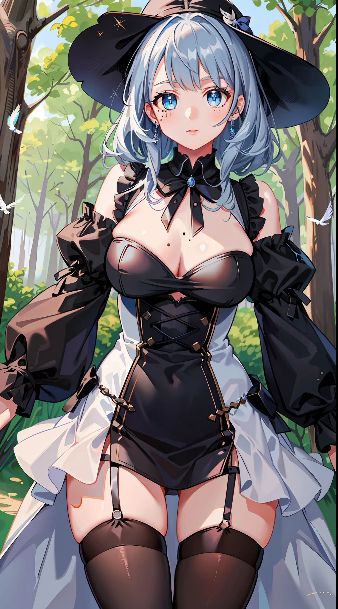 masterpiece, best quality, highres, hm2b, blue eyes, mole under mouth, clothing cutout, long sleeves, puffy sleeves, juliet sleeves, feather trim, black thighhighs, black gloves, black dress, black skirt, cowboy shot, standing, outdoors