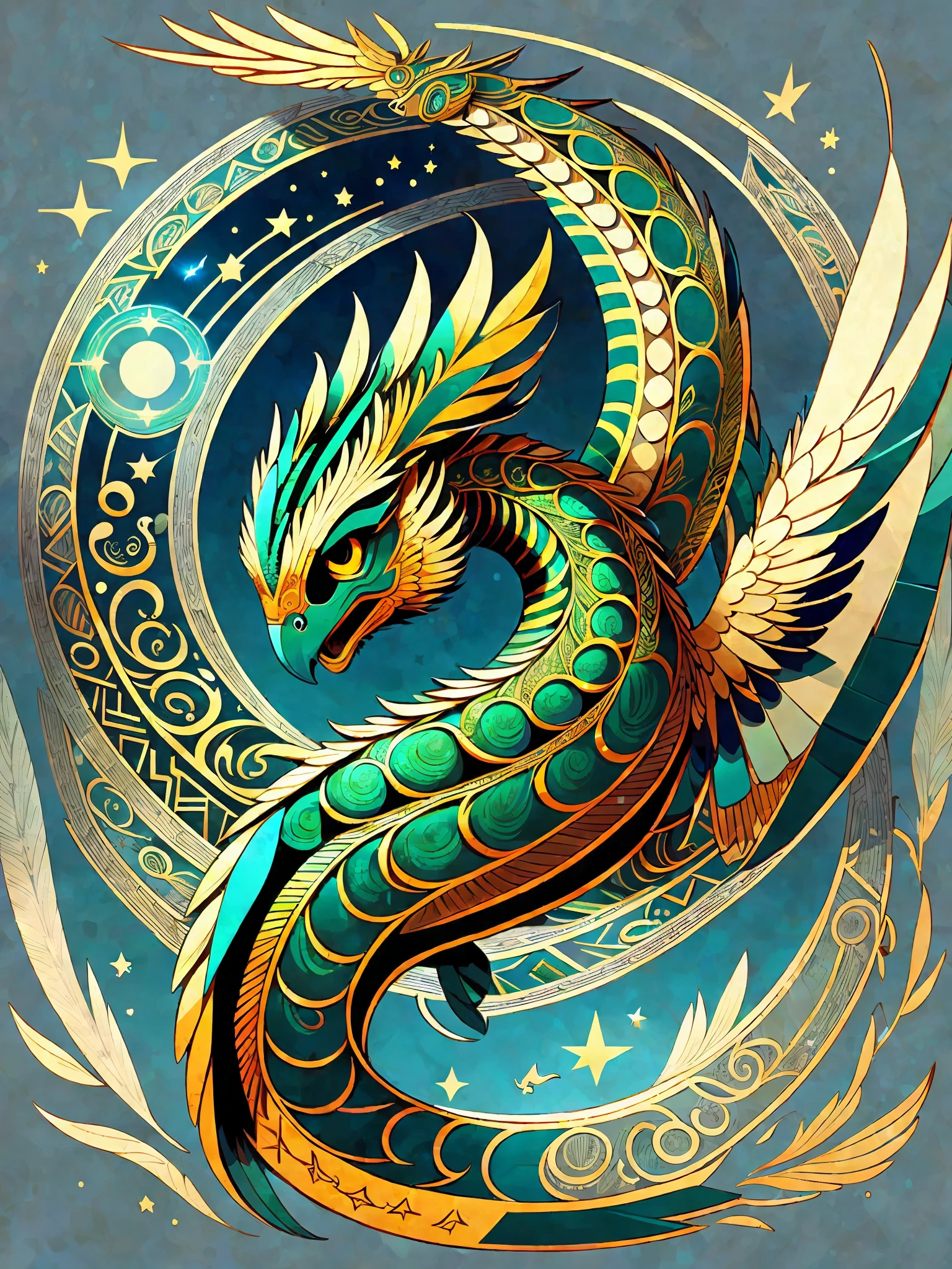 Awesome logo of Quetzalcoatl Serpent Dragon with feathered wings, rising looking  the 3 stars of Orion belt,  logo icon vector minimalist cosmic --auto --s2