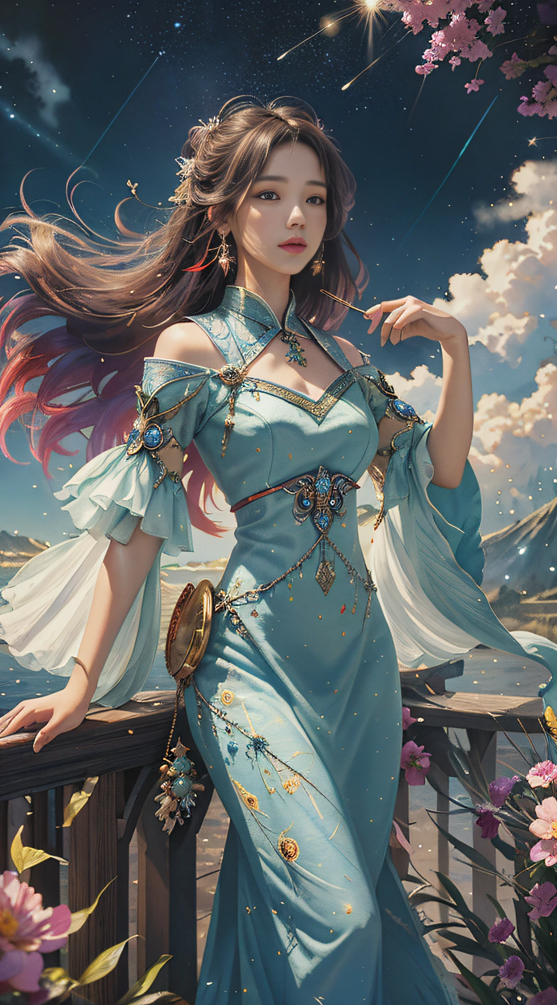 (Masterpiece, Top Quality, Best Quality, Extreme Detail, Supreme Detail, Official Art, Beauty and Aesthetics: 1.2), Colorful, Denim Lens, Upper Body Shot, Beautiful Face, Solo, Perfect Body, (On Sky Clouds: 1.6), Fairy, Flowing Streamers, Sun Rays, Clouds, Full Body, Hanfu, Chinese Clothes, White Dress, Water, Fireflies, Night, Starry Sky, Jewelry, Feathers on Dresses, Peacock Feathers, Light Particles, Volume Lighting, ray tracing (flowing streamers: 1.1), (fantasy novels: 1.2), illuminators, stars, fantasy, high contrast, ink strokes, overexposure, purple and red tone impressions, abstract, (watercolors by John Berkey and Jeremiman)) brush strokes,