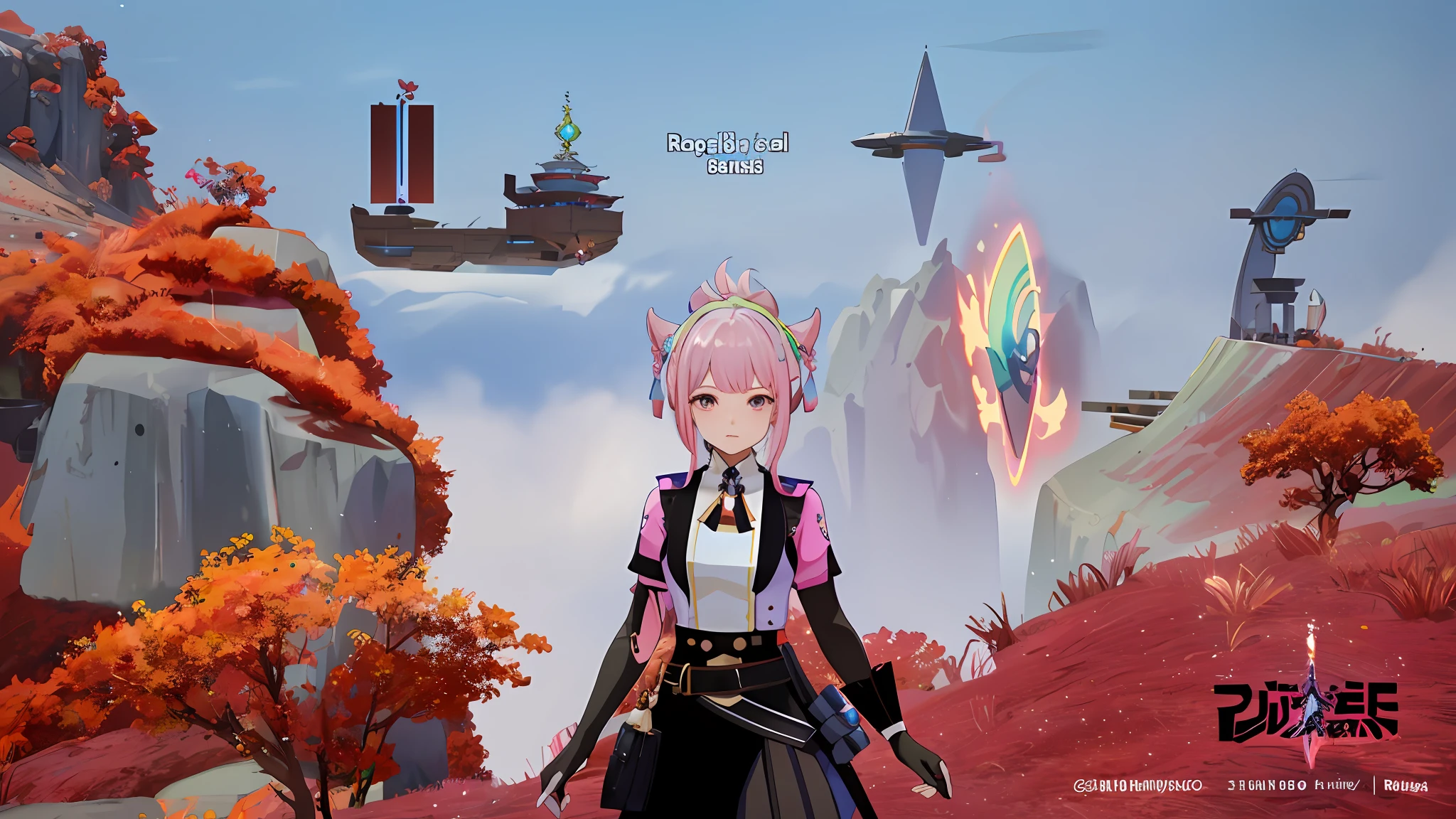 ((Best Quality)),((Masterpiece)). (Detail:1.4),3DAnime - Screenshot of a woman in a pink cyberspace outfit standing in a field, pink double-tailed hair and cyan eyes, from the video game Azur Lane, Azur Lane style, gameplay screenshot with user interface, stylized anime, Sakura Haruno in slug sage mode, Katana Zero video game character, Ayaka Genshin Impact, Ayaka game Genshin Impact Tower of Fantasy