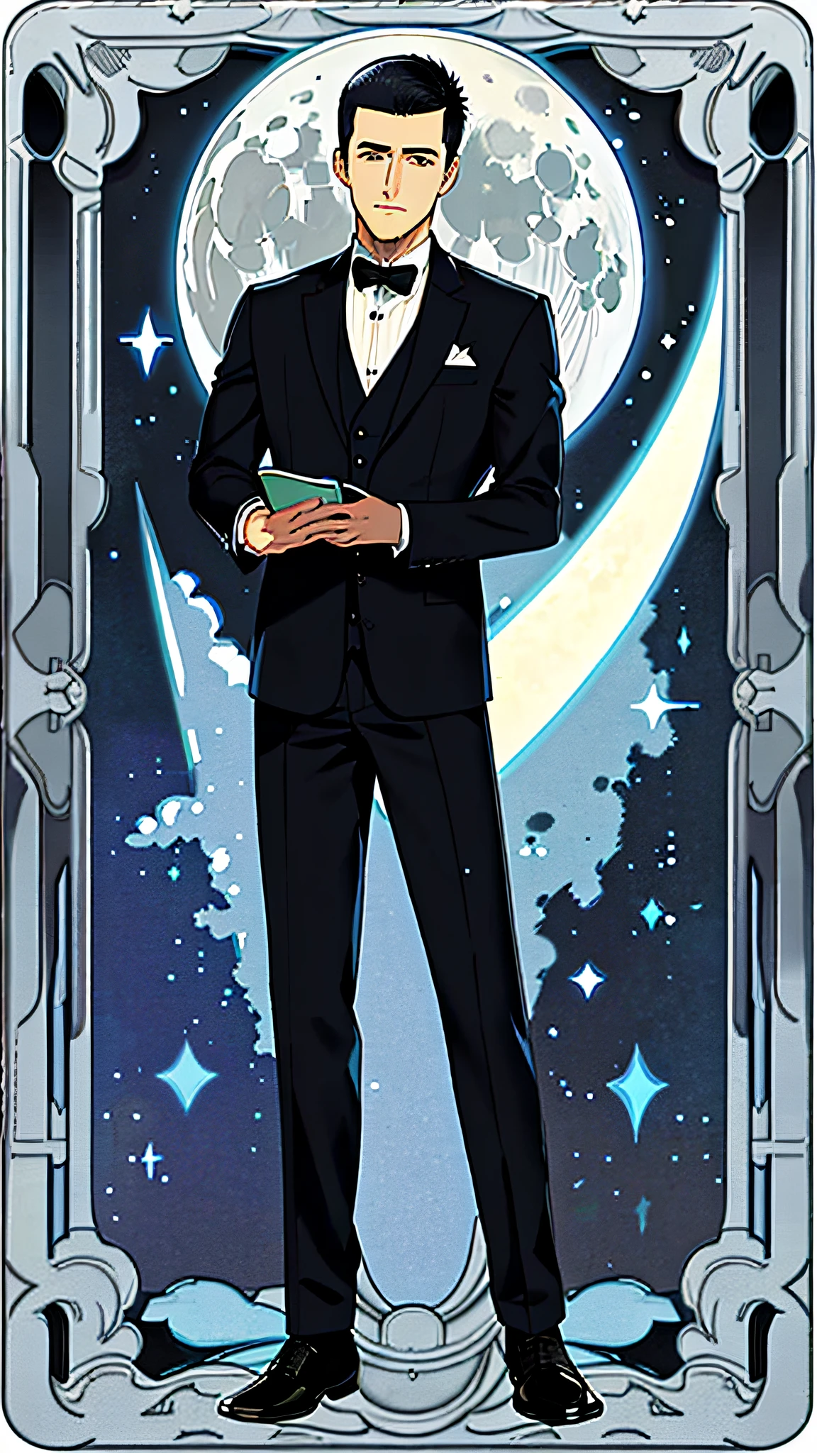 masterpiece, best quality, full body, card, 1 man, the moon, calm, clever, short hair, black hair, brush cut, standing, blue, night sky, purple, book, pen, buzz cut, black suit, royal, gentle, man, center, best pose